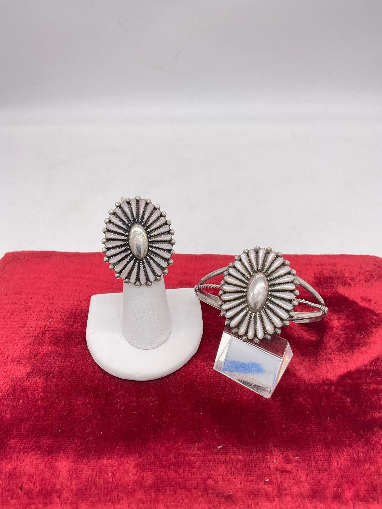 Vintage Sterling silver Cuff bracelet & matching ring w/ floral Motif & Pink Oyster shell Pedals: Possible Sw Native American Navajo Piece singed Sterling 26.58 grams Ring size 5