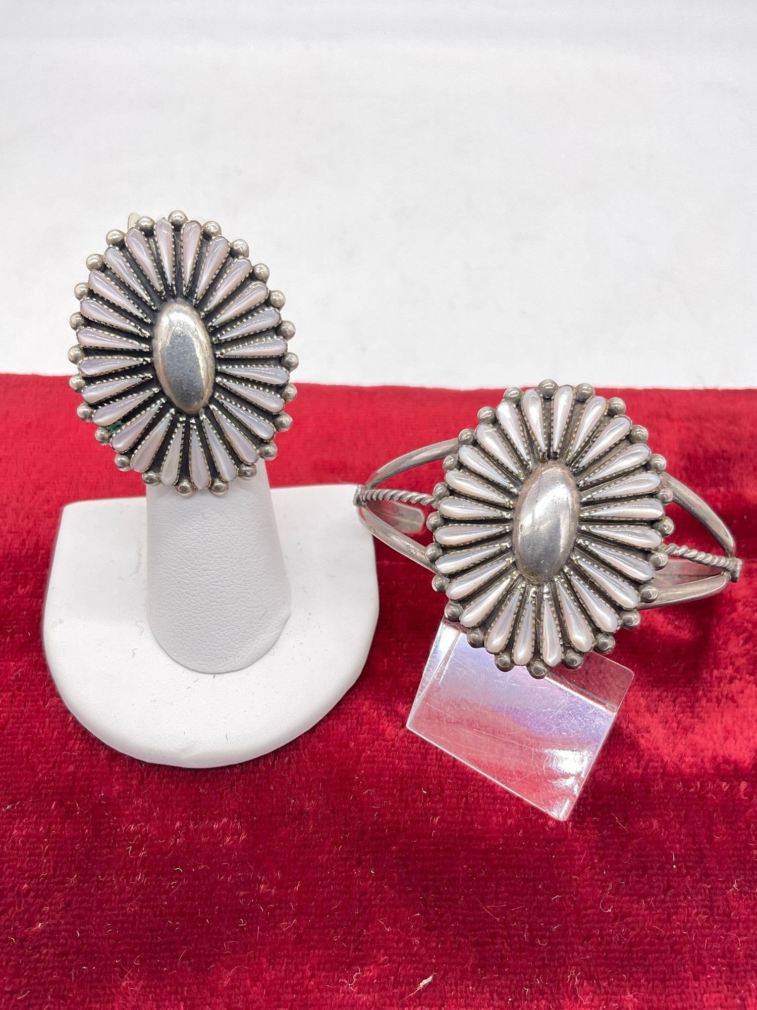 Vintage Sterling silver Cuff bracelet & matching ring w/ floral Motif & Pink Oyster shell Pedals - 2