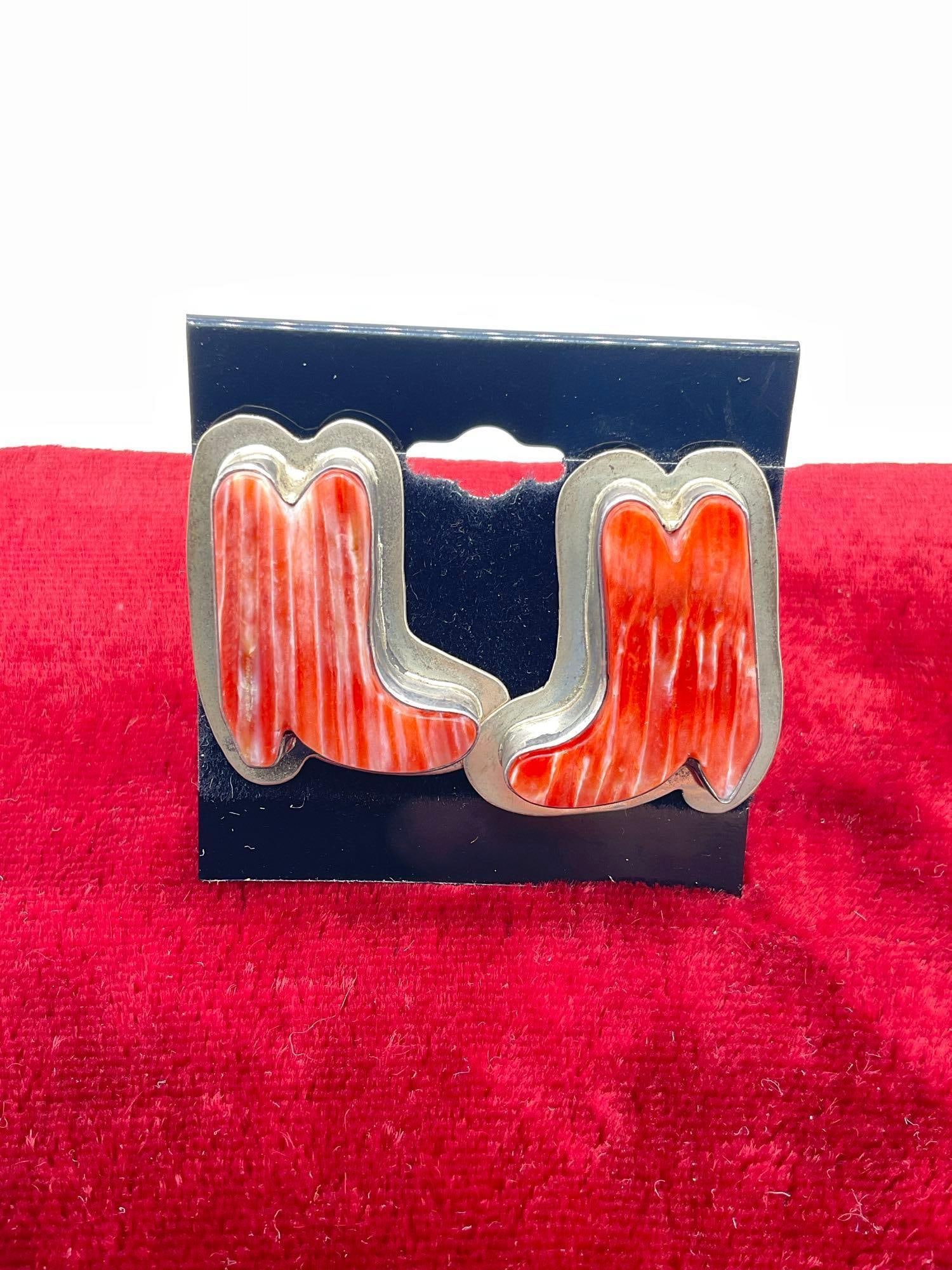 Pair of SW NA Style Steling silver singed Post Cowboy Boot earrings w/ Orange Oyster shell settings: appox 18 Grams Signed hard to read most likely Carol Felly 1.5" x 1" 