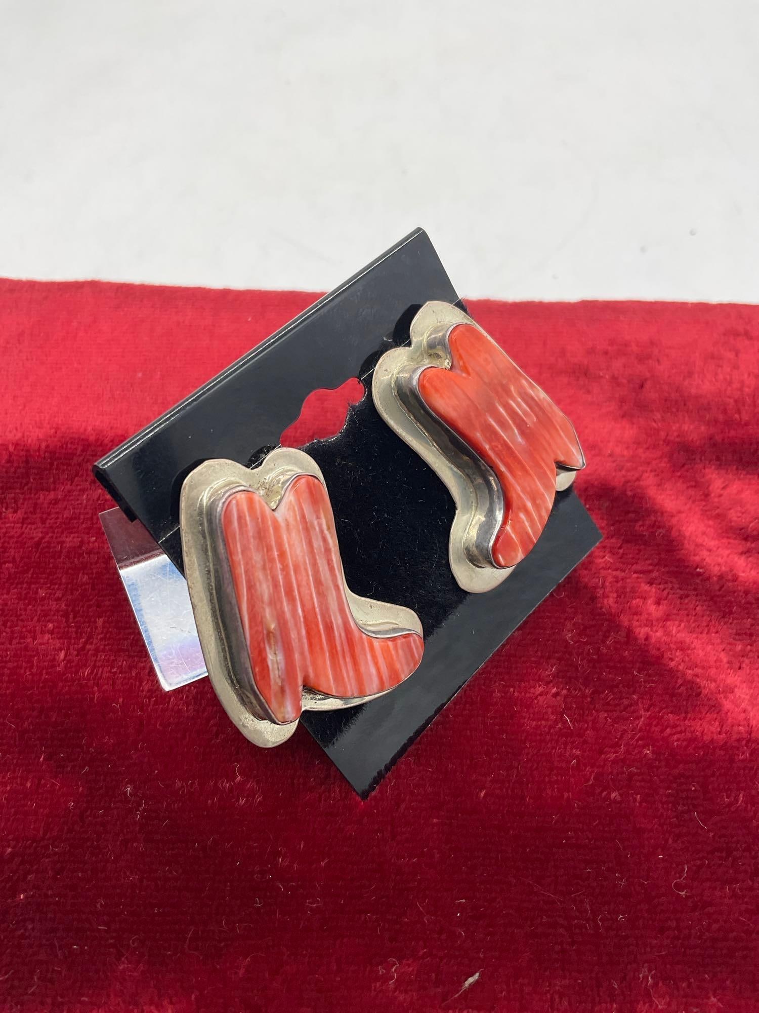 Pair of SW NA Style Steling silver singed Post Cowboy Boot earrings w/ Orange Oyster shell settings - 2