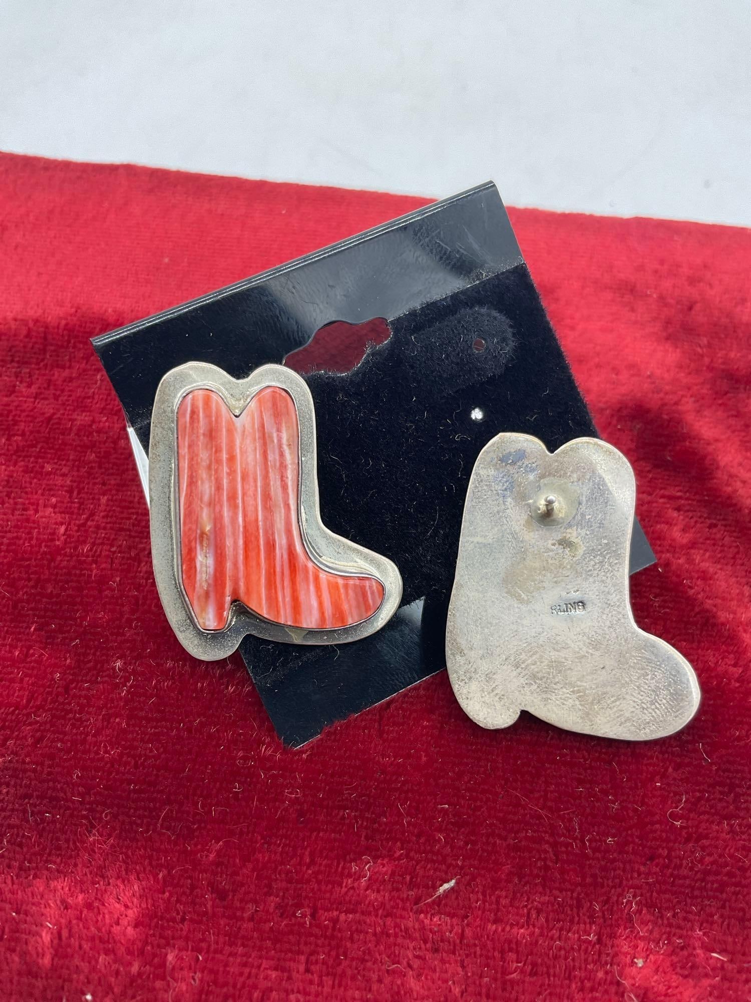 Pair of SW NA Style Steling silver singed Post Cowboy Boot earrings w/ Orange Oyster shell settings - 3