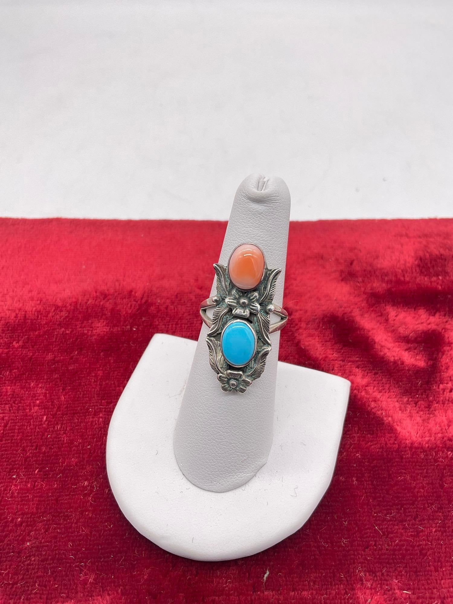 Signed CF Sterling Silver SW NA Designed Sz 7.5 ring Featuring orange oyster Shell & turquoise (1 of 3)