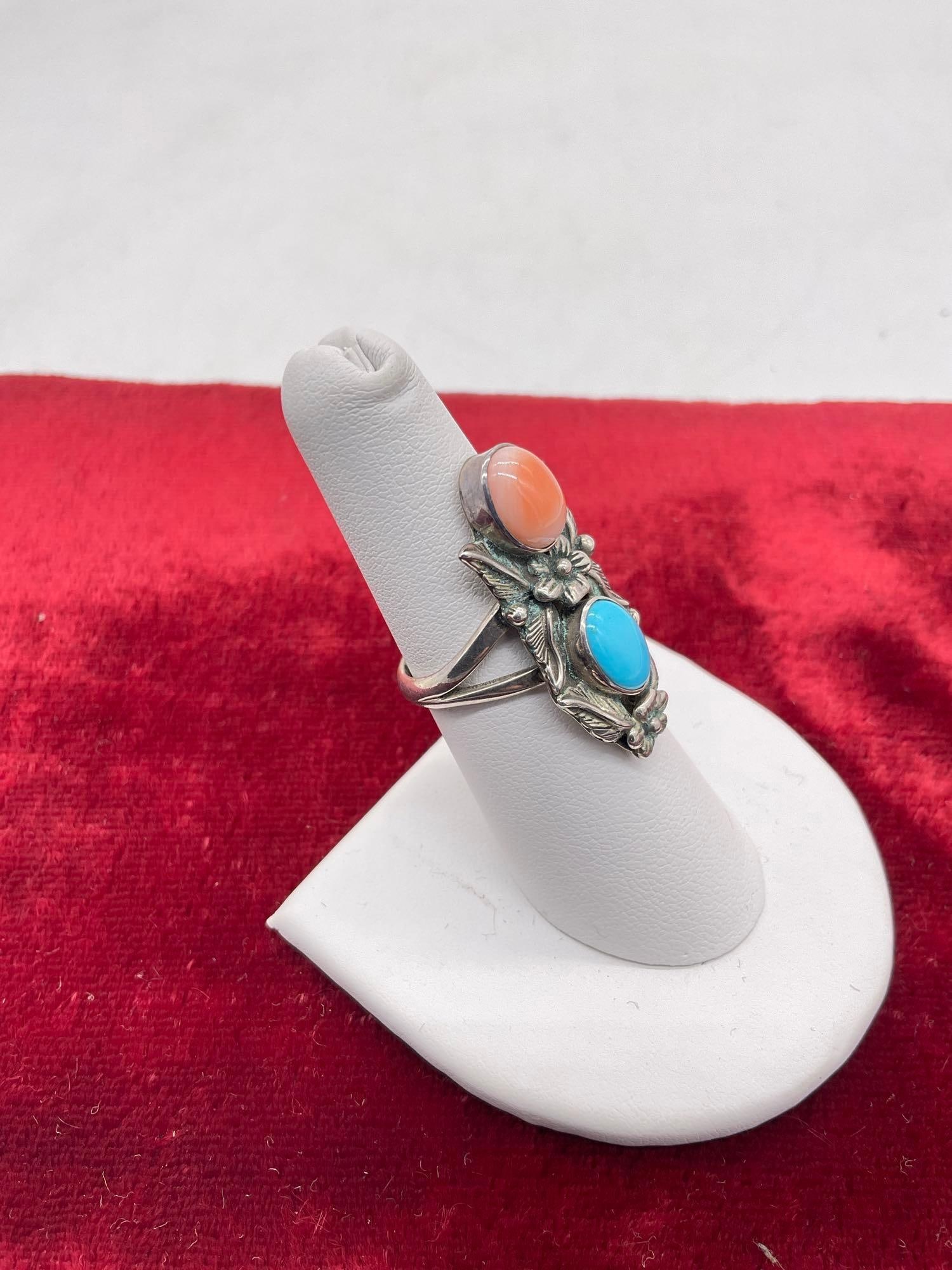 Signed CF Sterling Silver SW NA Designed Sz 7.5 ring Featuring orange oyster Shell & turquoise - 2