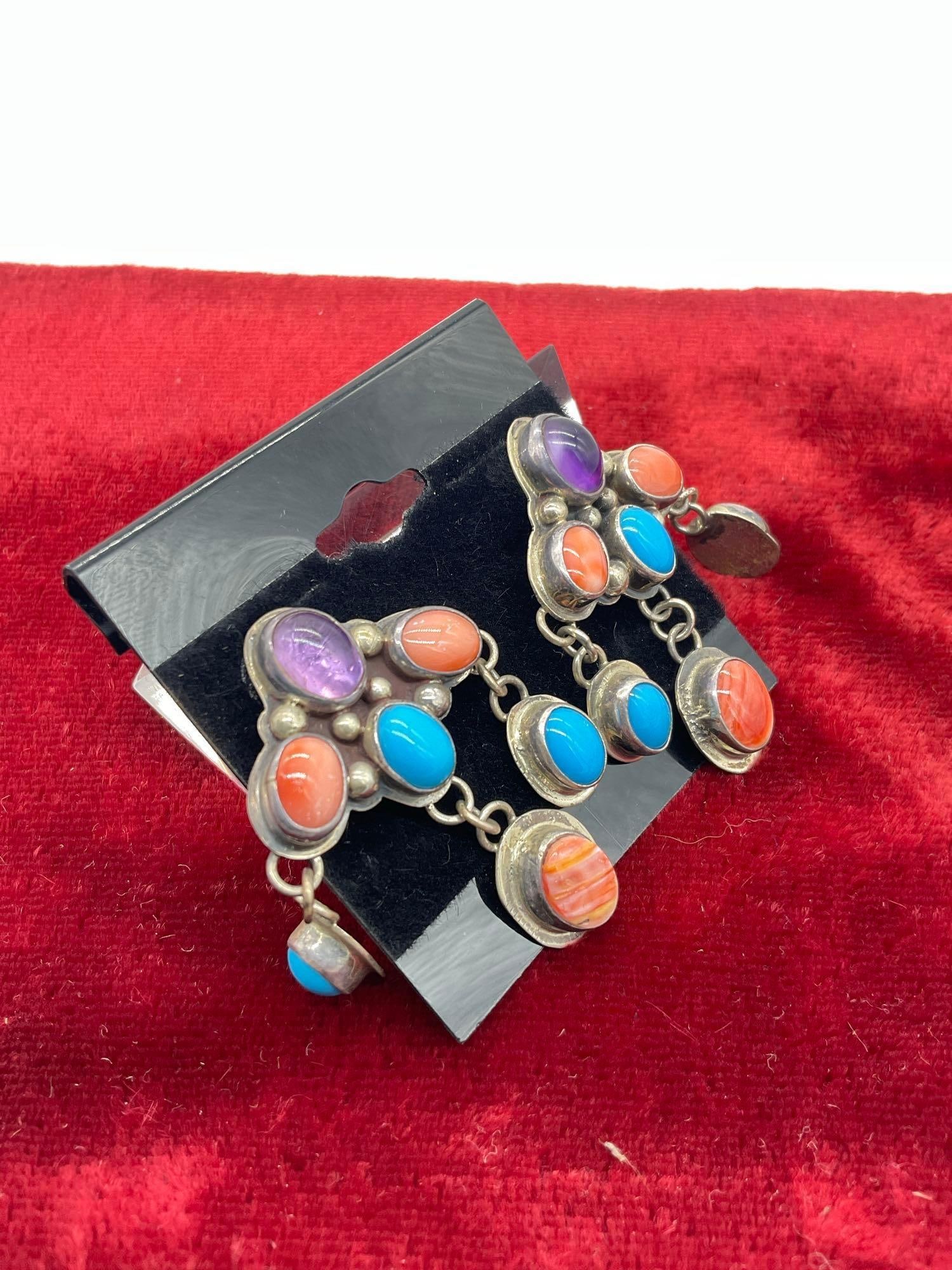 Pair of Signed Sw Native American Navajo earrings w/ Orange Oyster Shell, Amethyst, &Turquoise - 2