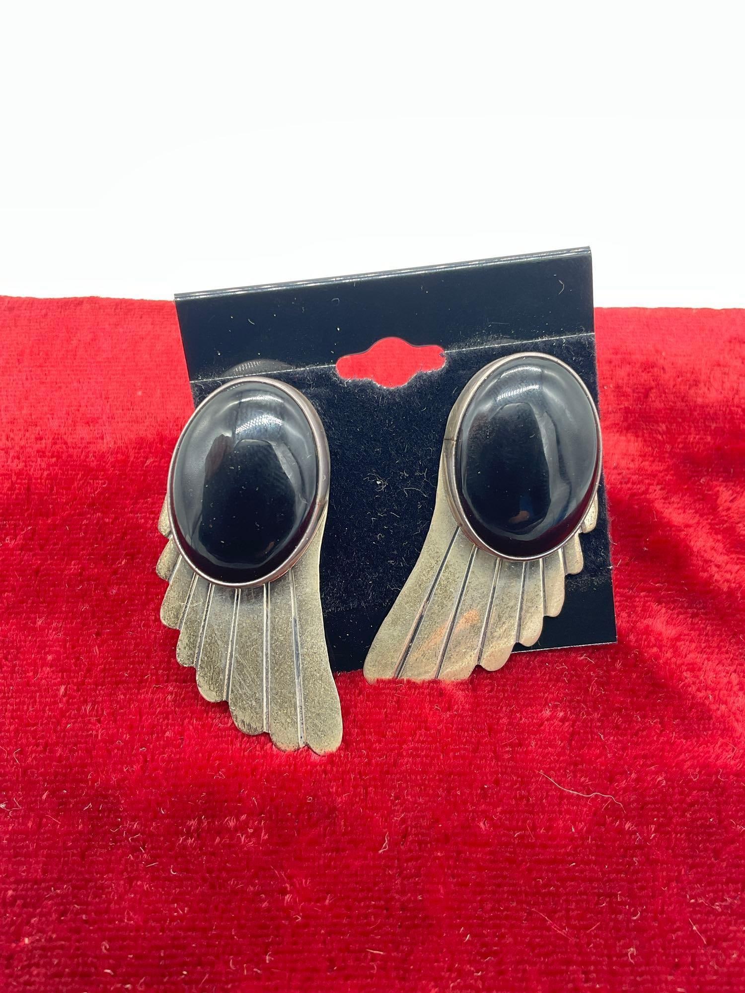 Pair Signed Nakai Sterling silver Sw Navajo wing designed earrings w/ Black Onyx Polished Cabochons - 2