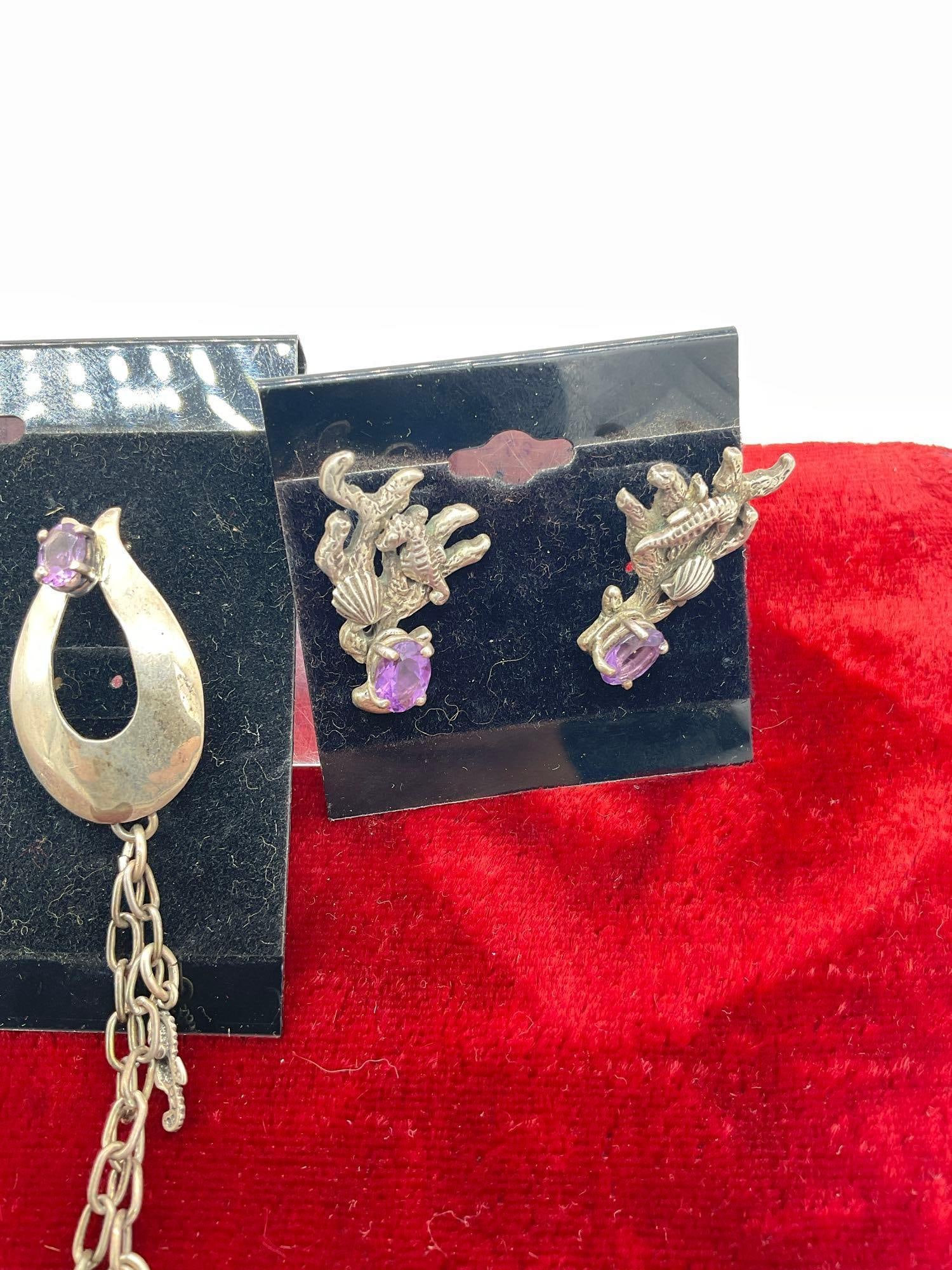 2x pair of carol Felly Sterling Silver Coral Reef themed earrings w/ Amethyst stones - 2