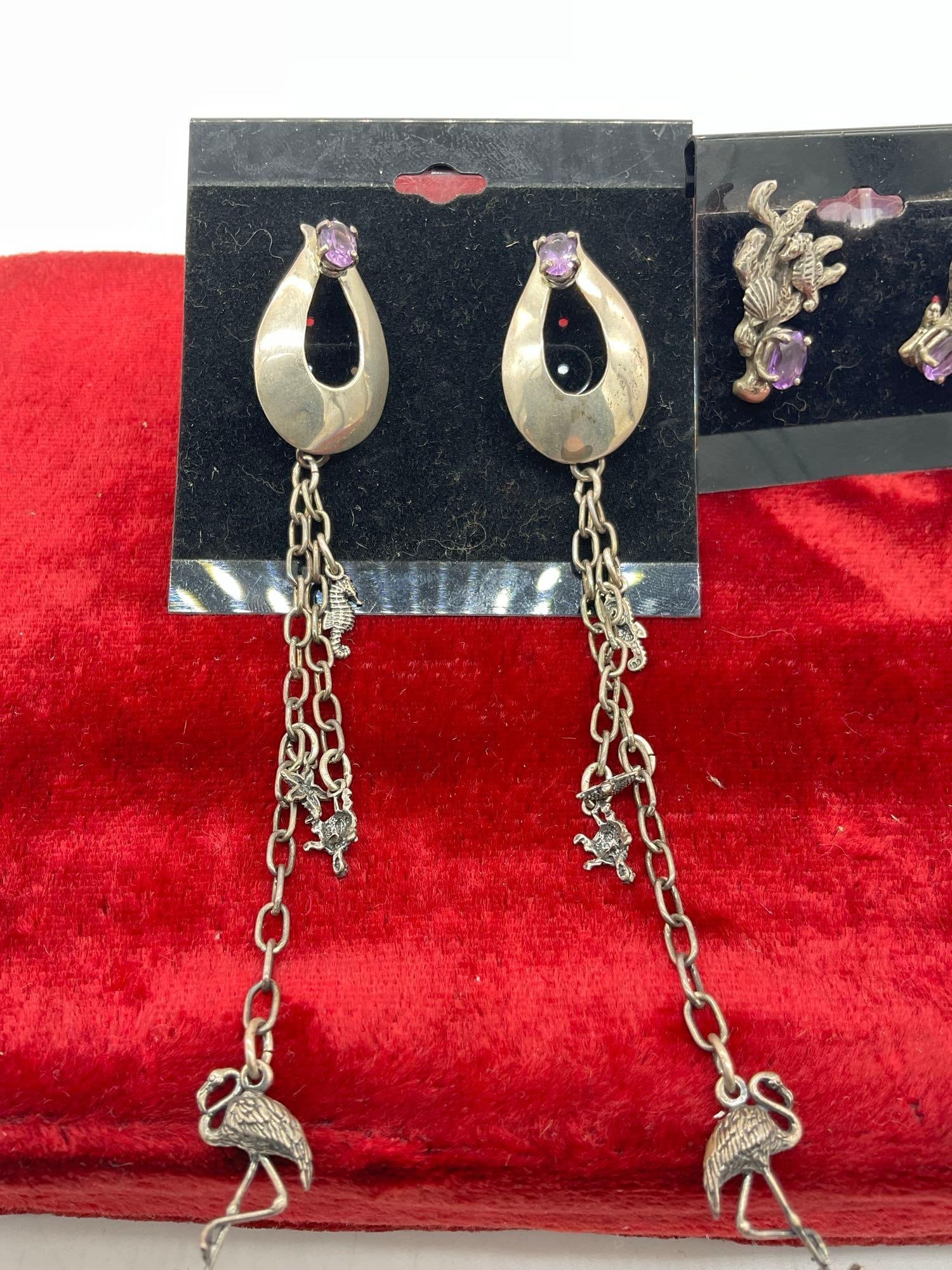2x pair of carol Felly Sterling Silver Coral Reef themed earrings w/ Amethyst stones - 3