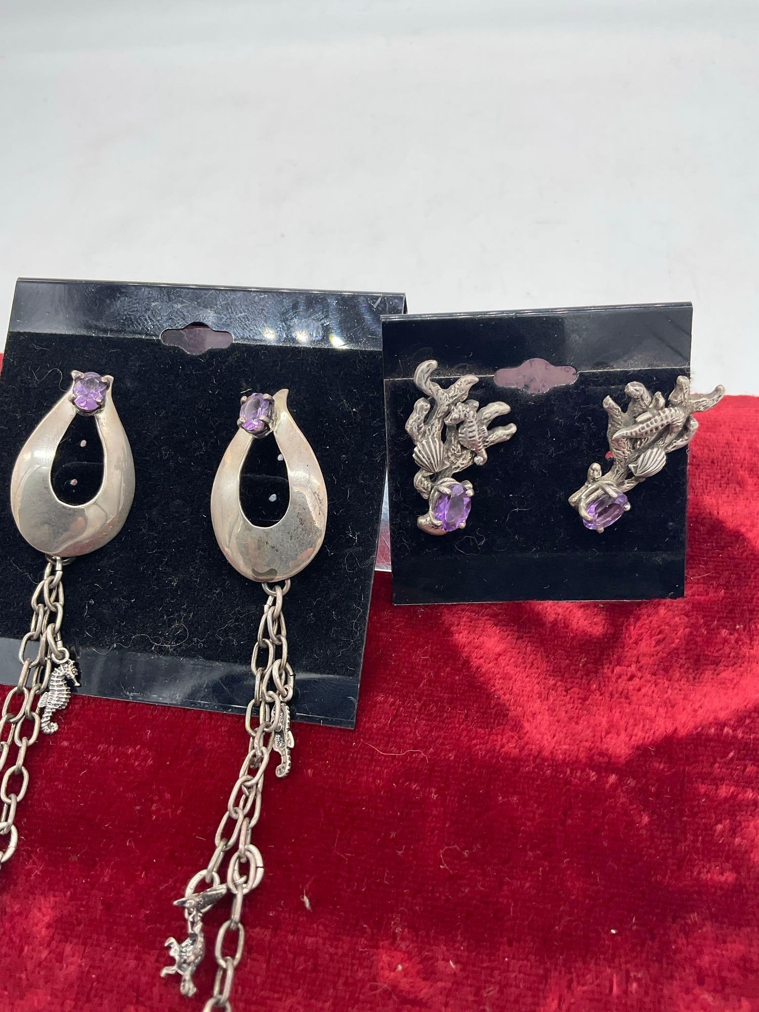 2x pair of carol Felly Sterling Silver Coral Reef themed earrings w/ Amethyst stones - 4