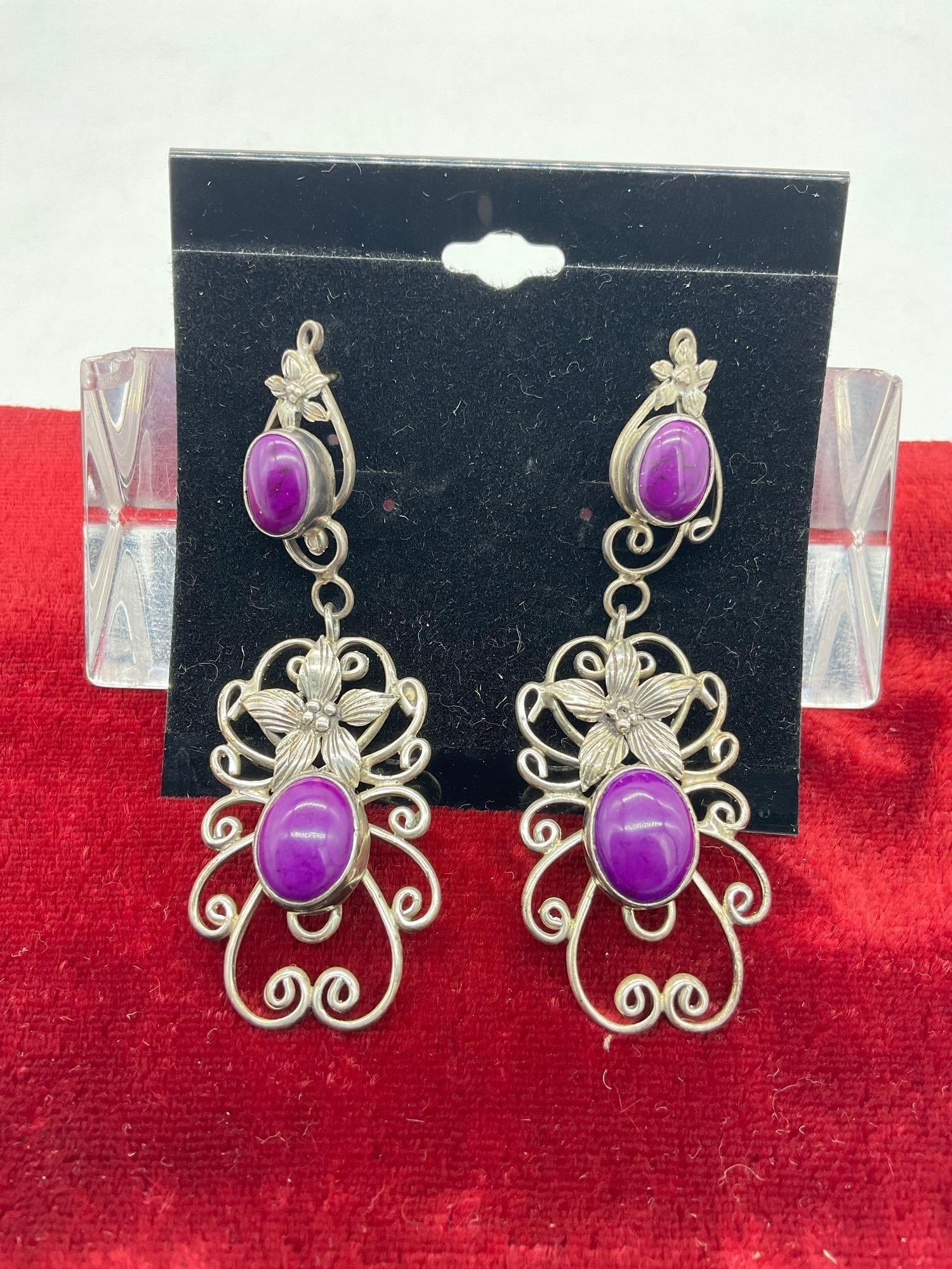 Pair of Sterling silver 3" Dangle earrings w/ floral motif & Purple Sugilite Polished Cabochons: Unmarked tested positive for sterling
