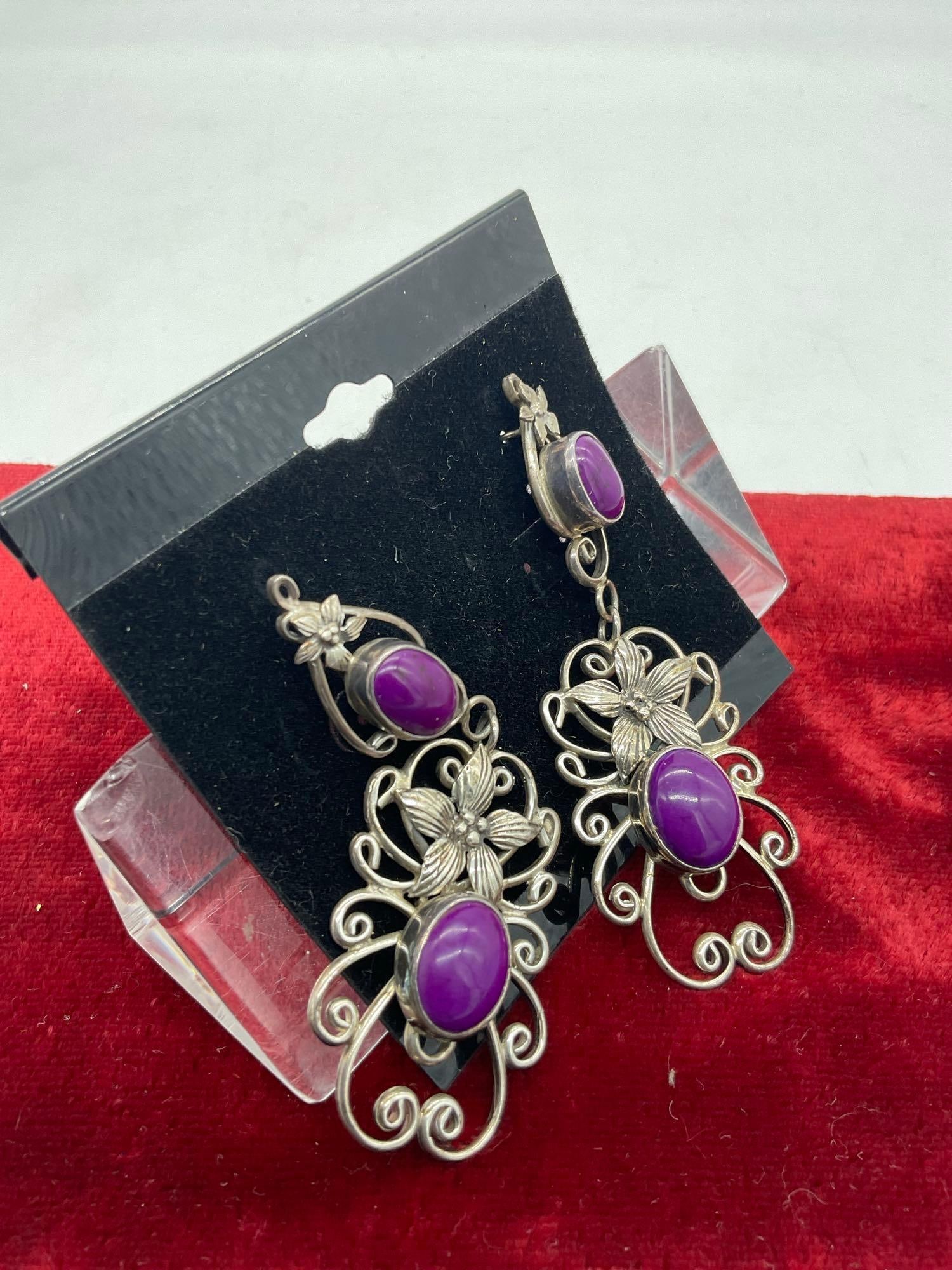 Pair of Sterling silver 3" Dangle earrings w/ floral motif & Purple Sugilite Polished Cabochons - 2