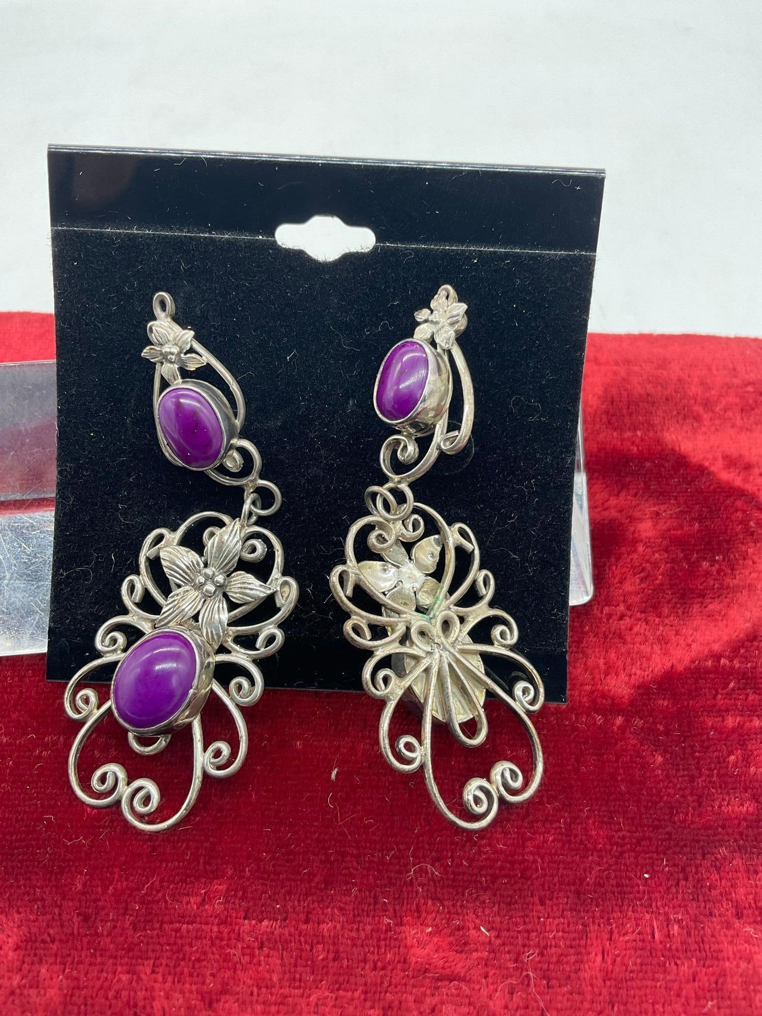 Pair of Sterling silver 3" Dangle earrings w/ floral motif & Purple Sugilite Polished Cabochons - 3