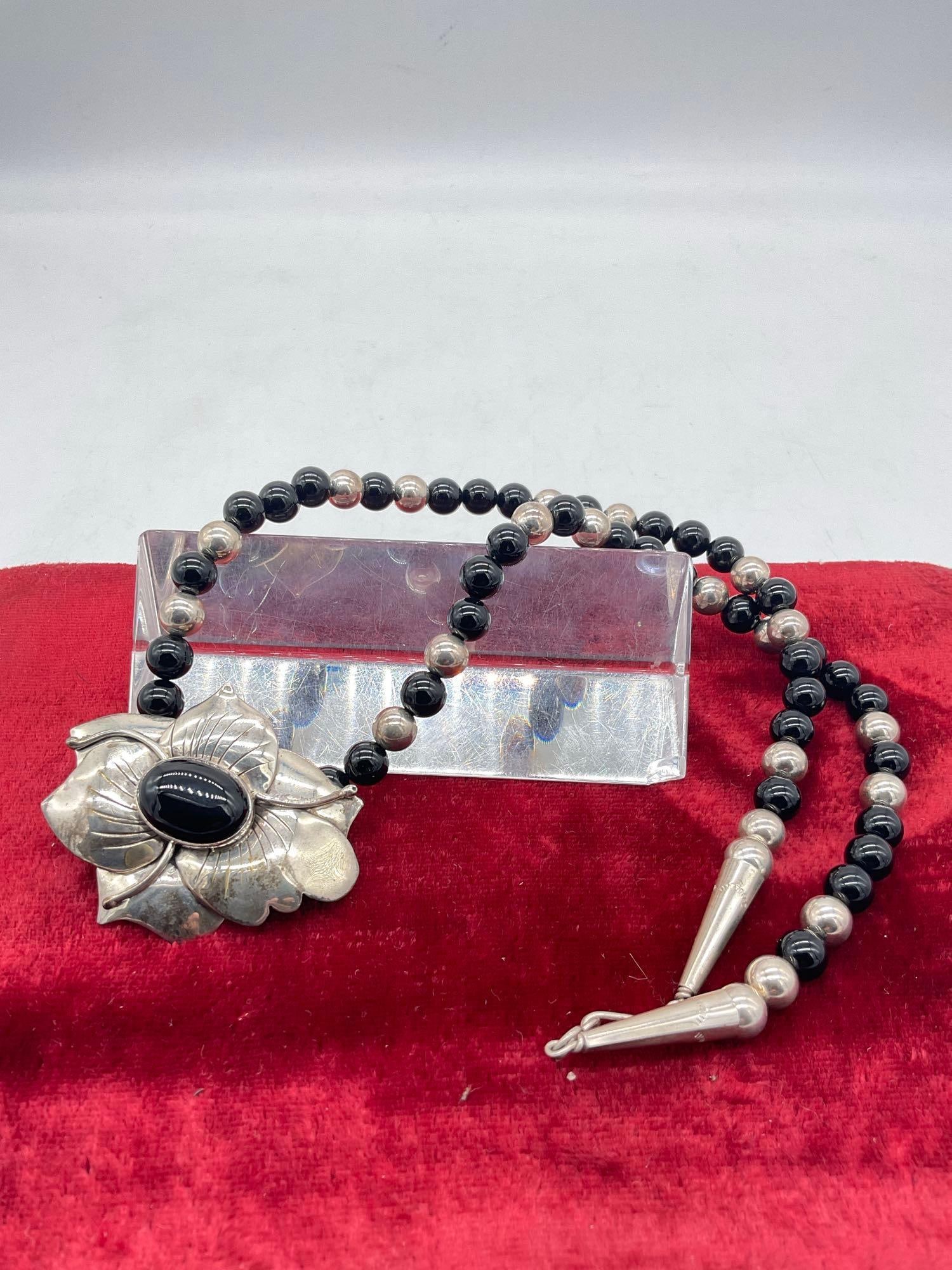Vintage 20" Sterling silver & Onyx Beaded Necklace w/ Large Flower pendant & Onyx Cabochon: South west inspired Unsigned tested Positive for Silver 