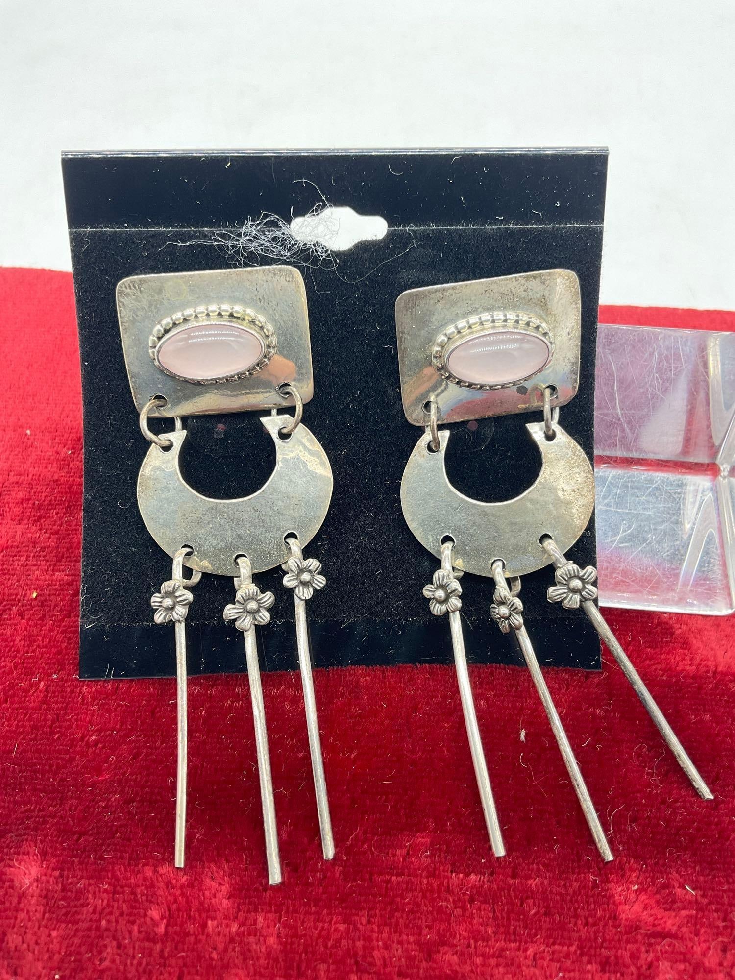 Pair of Carol Felly Sterling Silver Dangle Earrings w/ pink quartz cabochons approx 3 1/4 " Long: Pair of Carol Felly Sterling Silver Dangle Earrings w/ pink quartz cabochons approx 3 1/4 " Long