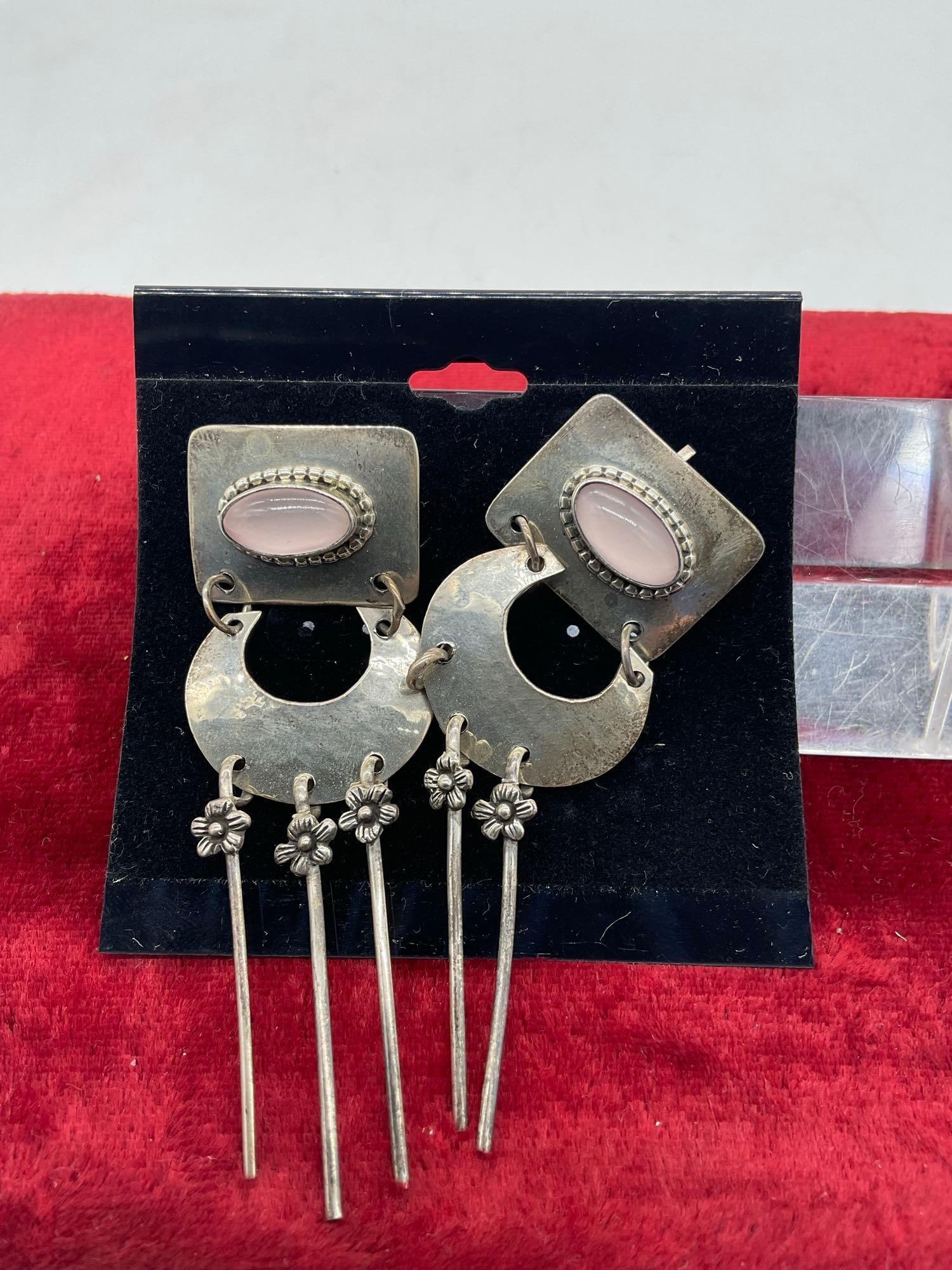 Pair of Carol Felly Sterling Silver Dangle Earrings w/ pink quartz cabochons approx 3 1/4 " Long - 3