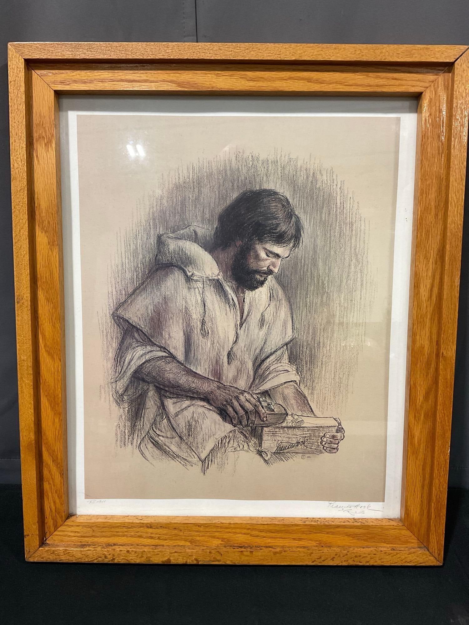 Framed 1981 Signed Lithograph, Jesus the Carpenter, by Frances Hook, 27h x 23w inches: Marked R1311, Appears to be in good shape. The piece measures approx 27h x 23w x 3d inches. See pics. E-5860