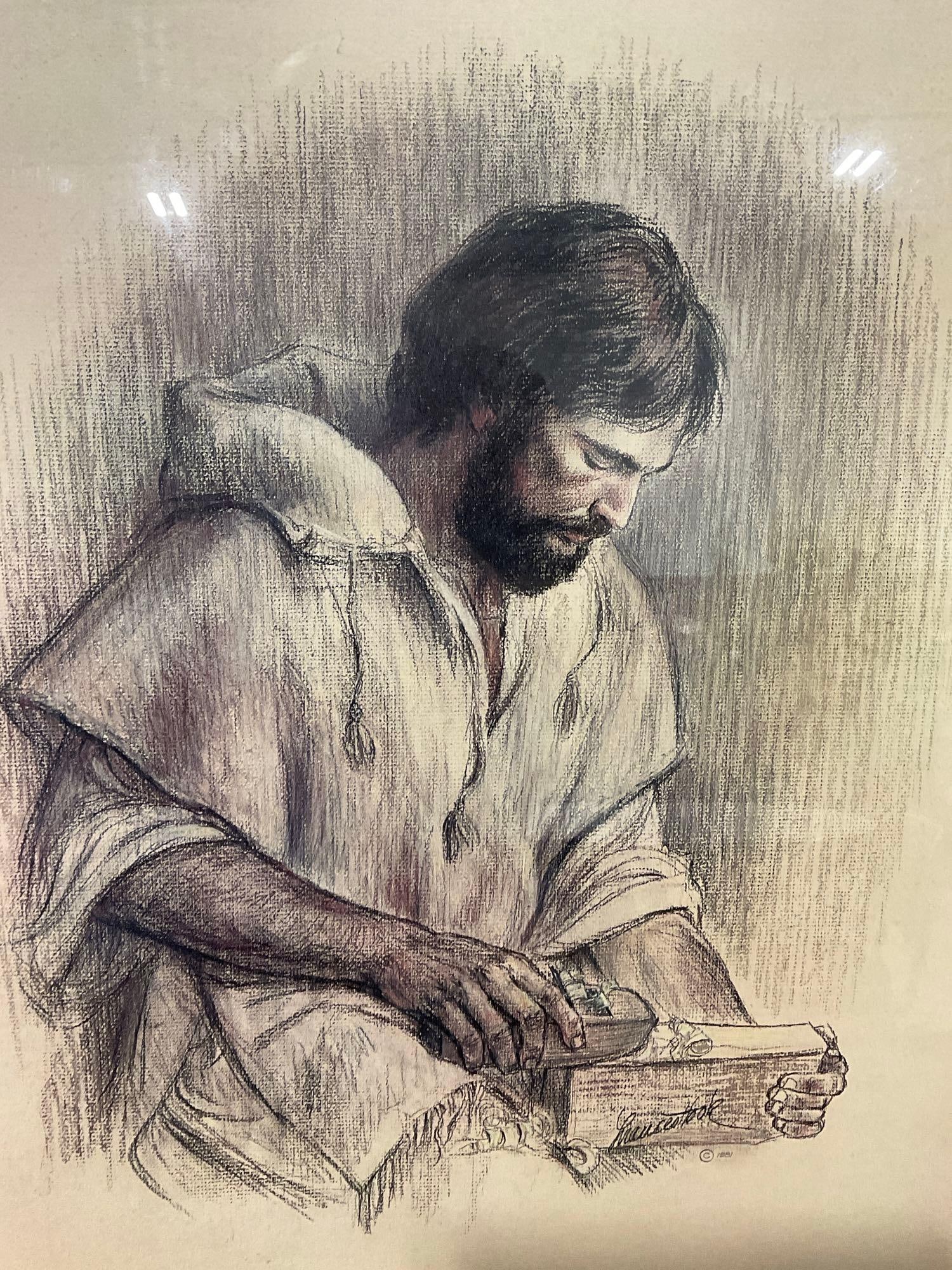 Framed 1981 Signed Lithograph, Jesus the Carpenter, by Frances Hook, 27h x 23w inches - 2