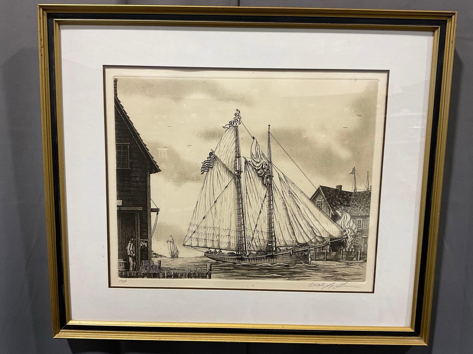 Framed Etching Print, titled Harry L. Beldon the Fishing Schooner by Alan Jay Gaines, 24x27 in: Appears to be in good shape. The piece measures approx 24h x 27w x 3d inches. See pics. E-5860