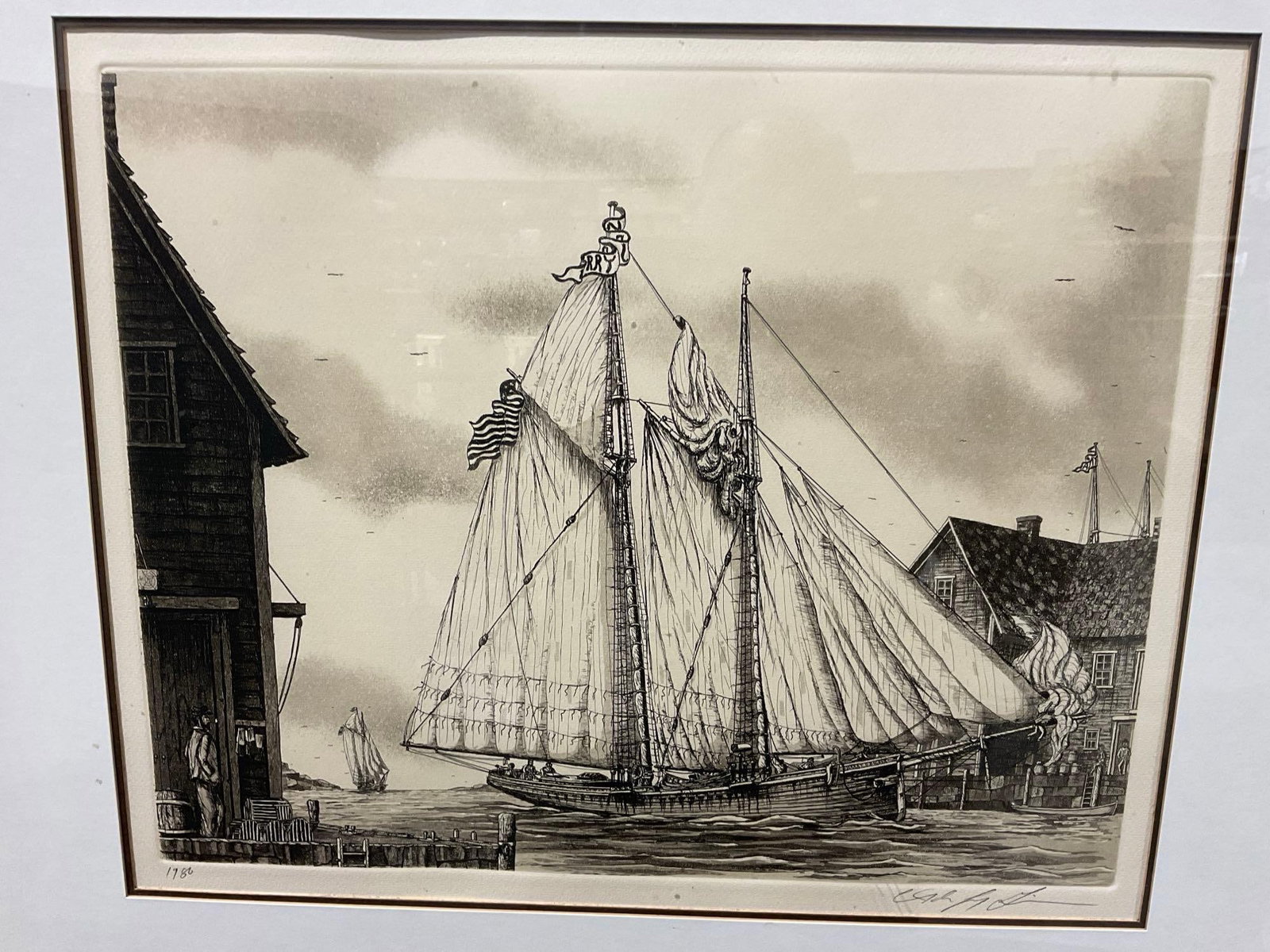 Framed Etching Print, titled Harry L. Beldon the Fishing Schooner by Alan Jay Gaines, 24x27 in - 2