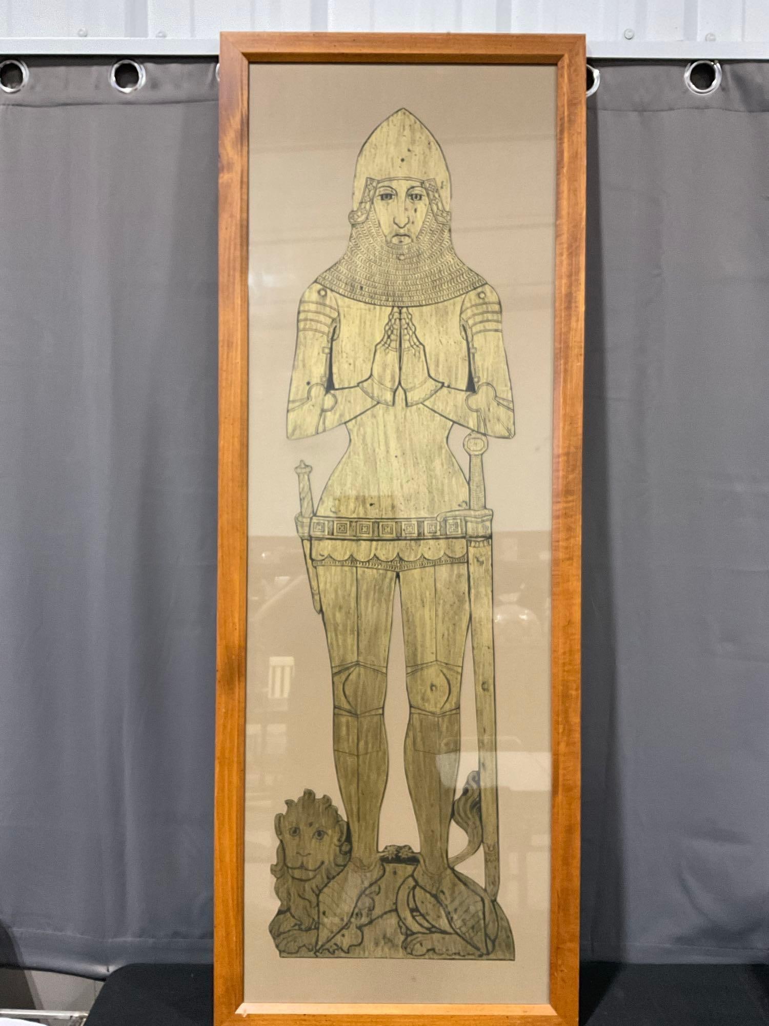 Framed Brass Rubbing, of a Knight in 15th Century Plate Armor, 64h x 24w x 3d inches: *No in-house shipping, due to size* Appears to be in good shape. The piece measures approx 64h x 24w x 3d inches. See pics. E-5860 *Freight Required if shipped, Buyer