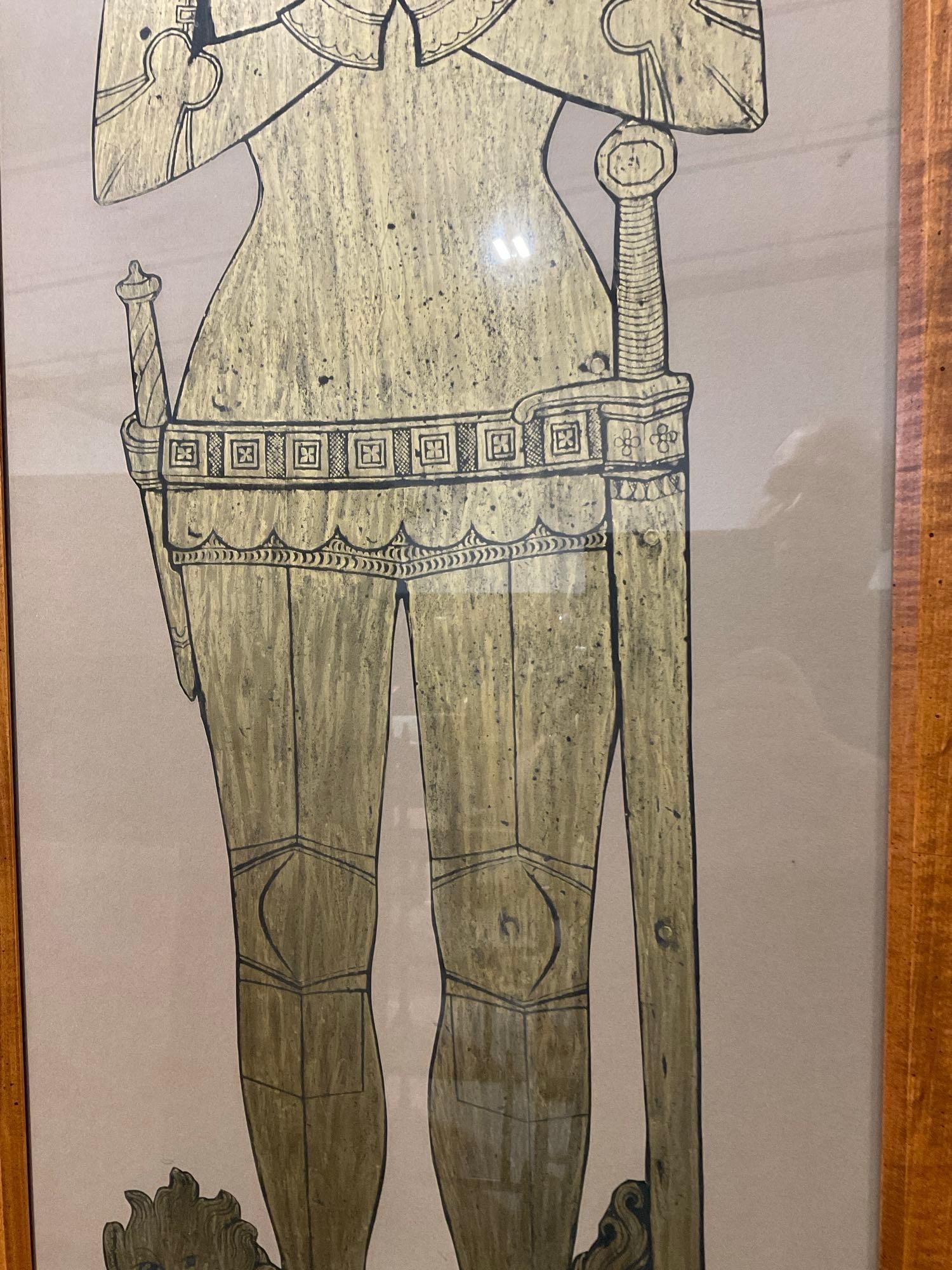 Framed Brass Rubbing, of a Knight in 15th Century Plate Armor, 64h x 24w x 3d inches - 3