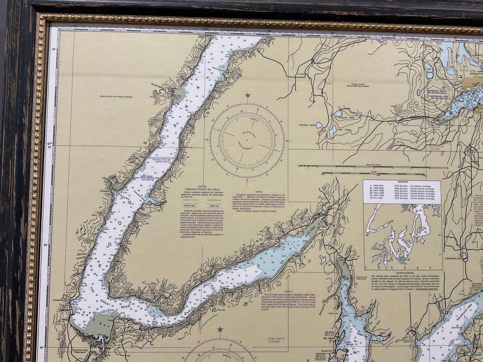 Framed Map, NOAA Coast Survey United States West Coast Washington from 1983, 37h x 44w inches - 2