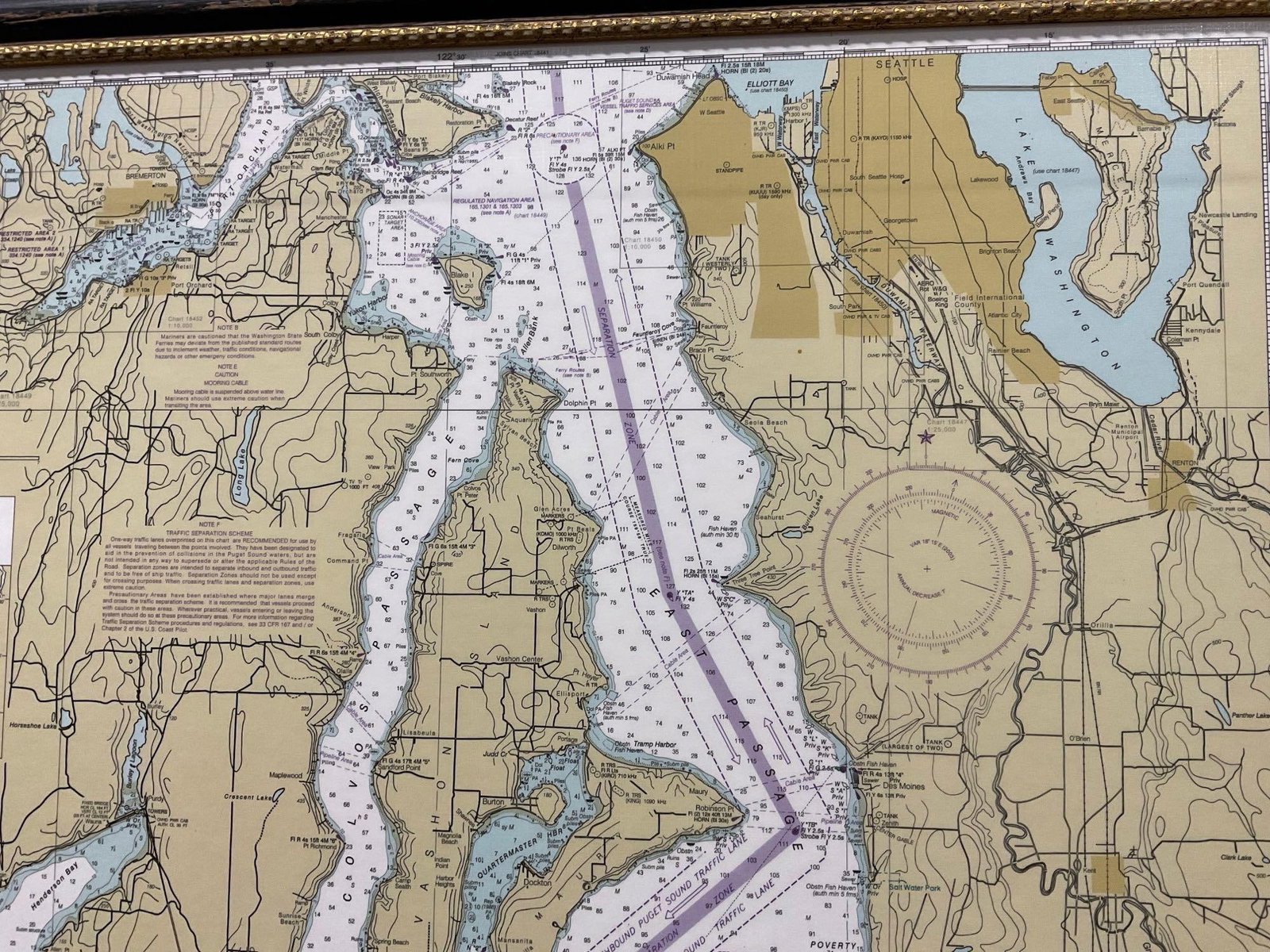Framed Map, NOAA Coast Survey United States West Coast Washington from 1983, 37h x 44w inches - 3