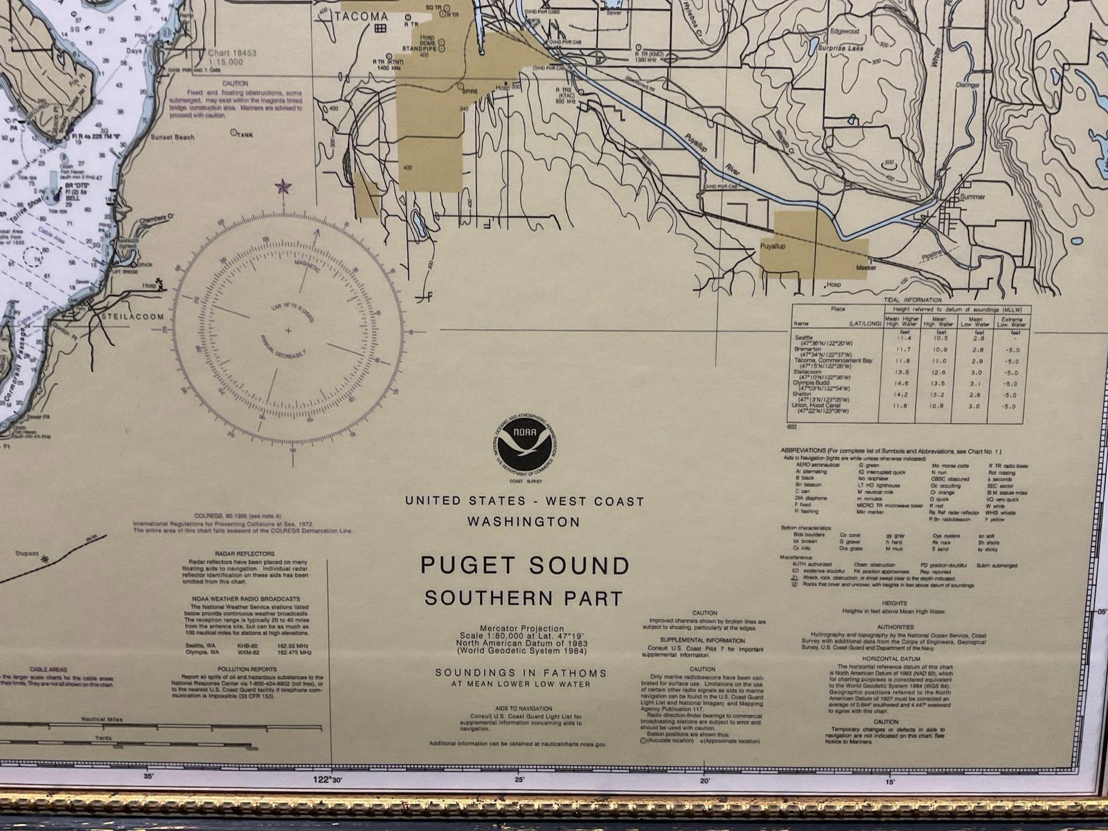 Framed Map, NOAA Coast Survey United States West Coast Washington from 1983, 37h x 44w inches - 4