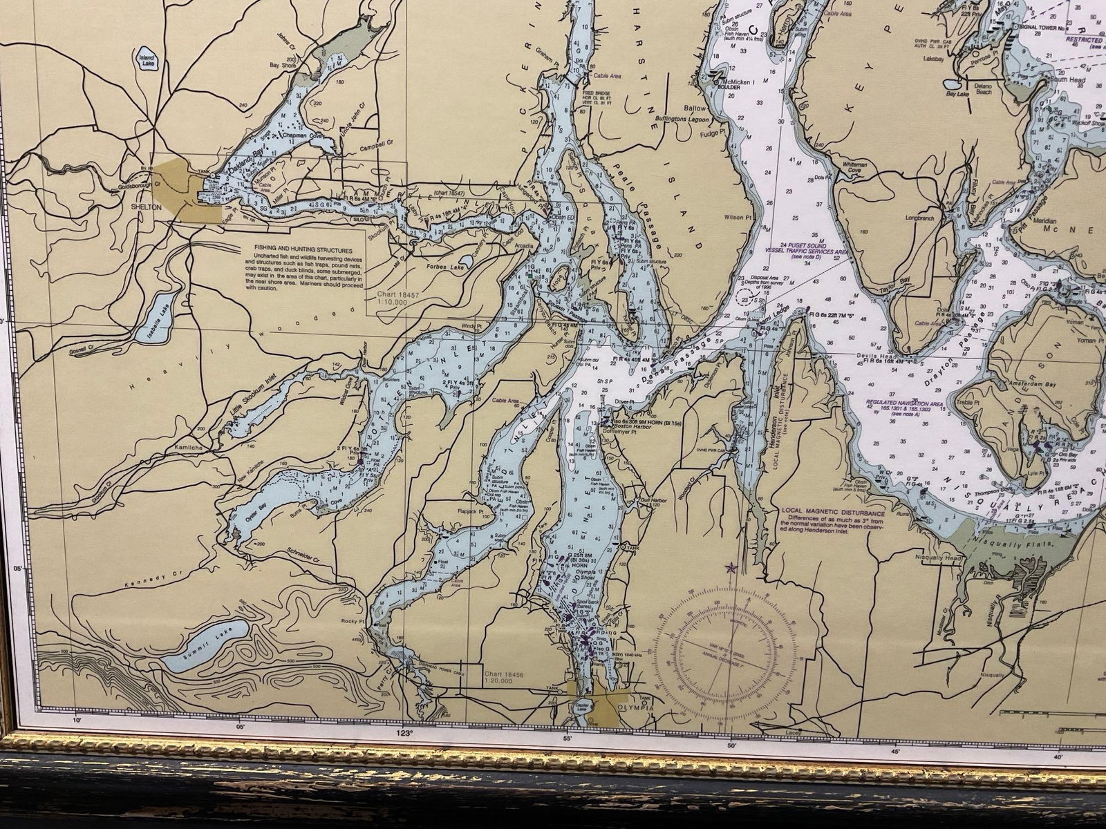 Framed Map, NOAA Coast Survey United States West Coast Washington from 1983, 37h x 44w inches - 5
