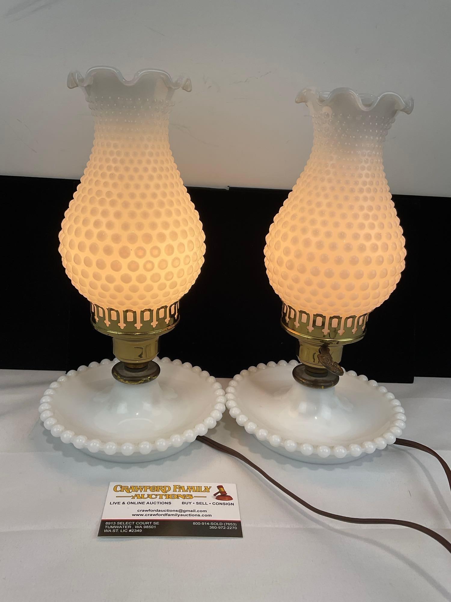Pair of Fenton Hobnail Milk Glass Electrified Hurricane Lamps, both working: Appears to be in good shape. The piece measures approx 10h x 12w x 7d inches. See pics. E-5860