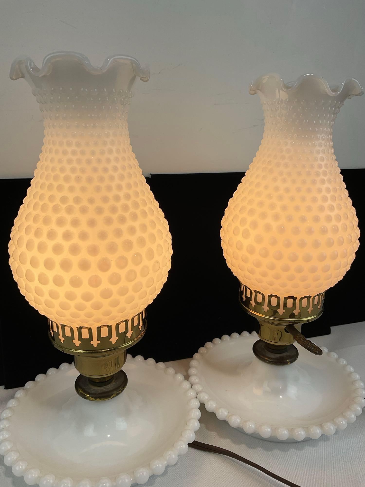 Pair of Fenton Hobnail Milk Glass Electrified Hurricane Lamps, both working - 2