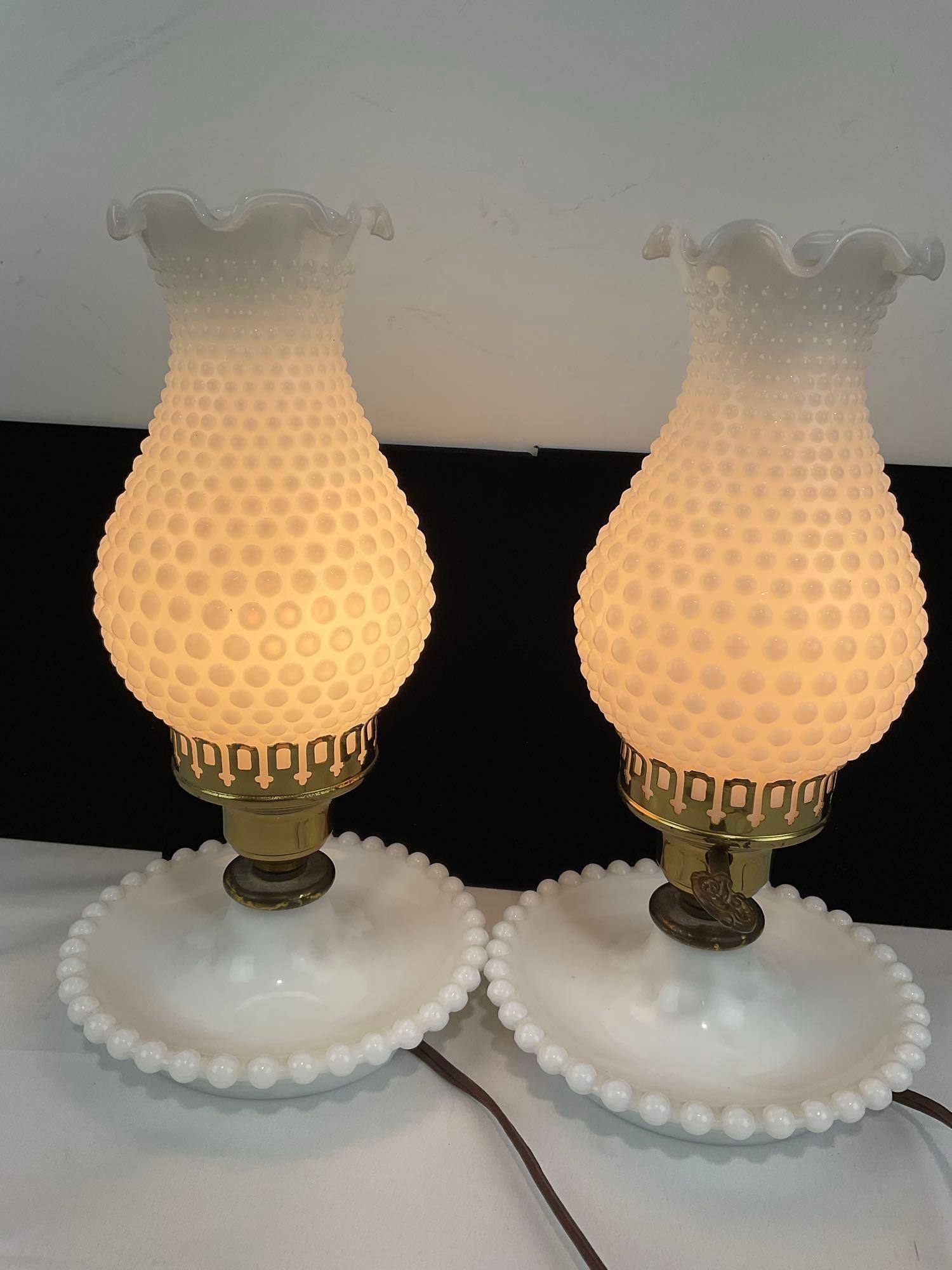 Pair of Fenton Hobnail Milk Glass Electrified Hurricane Lamps, both working - 3