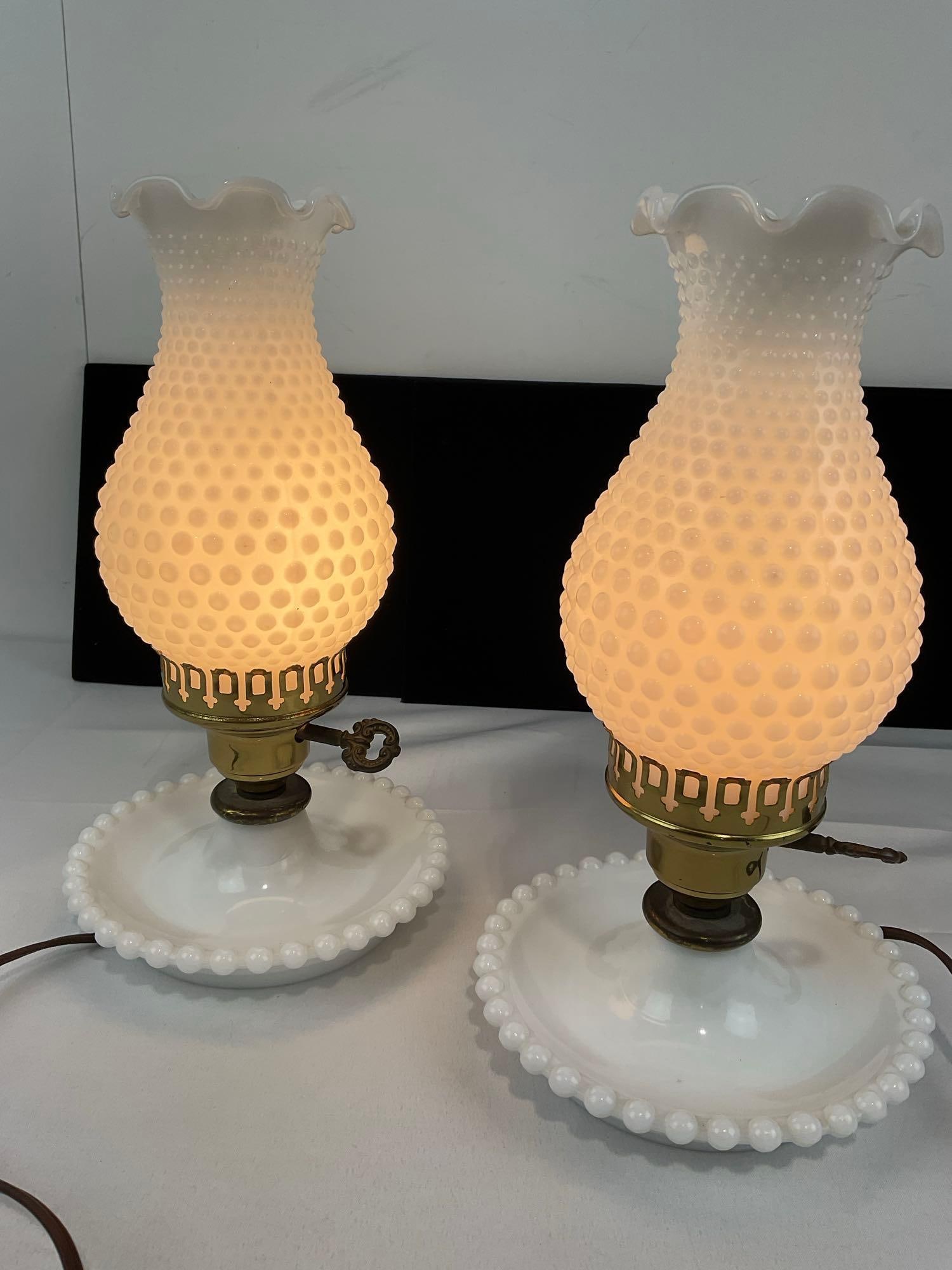 Pair of Fenton Hobnail Milk Glass Electrified Hurricane Lamps, both working - 4