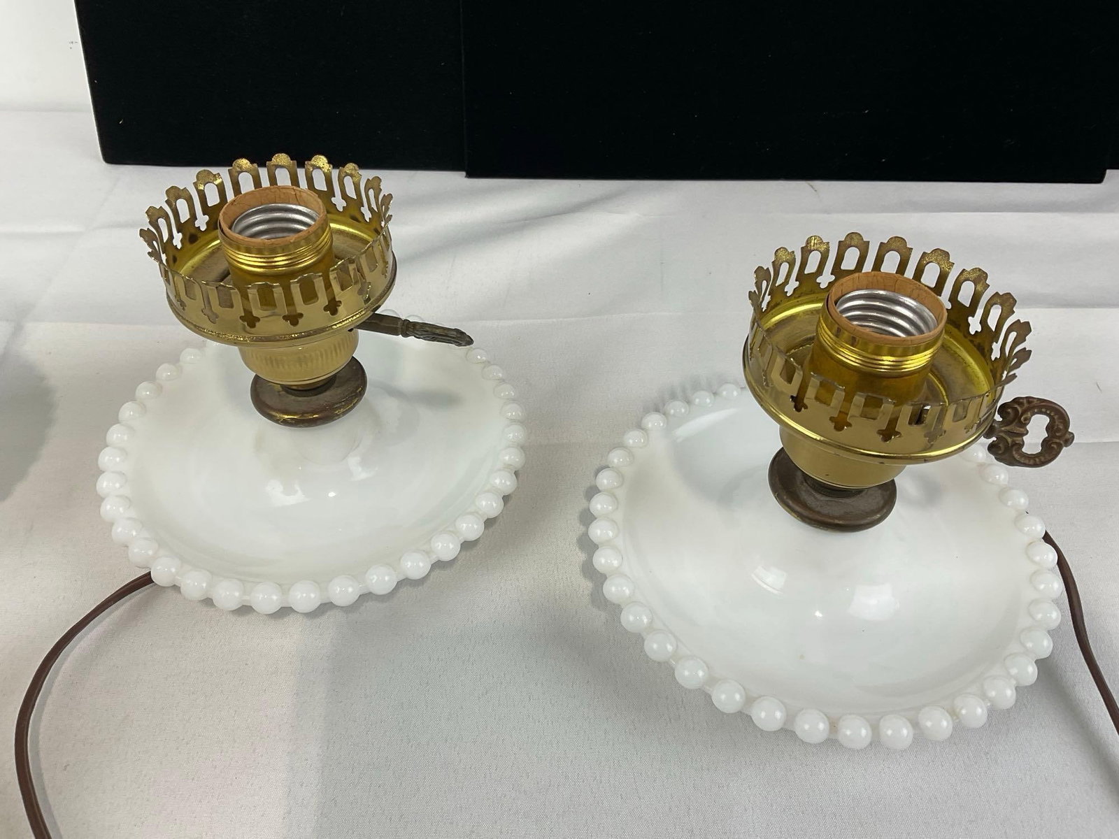 Pair of Fenton Hobnail Milk Glass Electrified Hurricane Lamps, both working - 5
