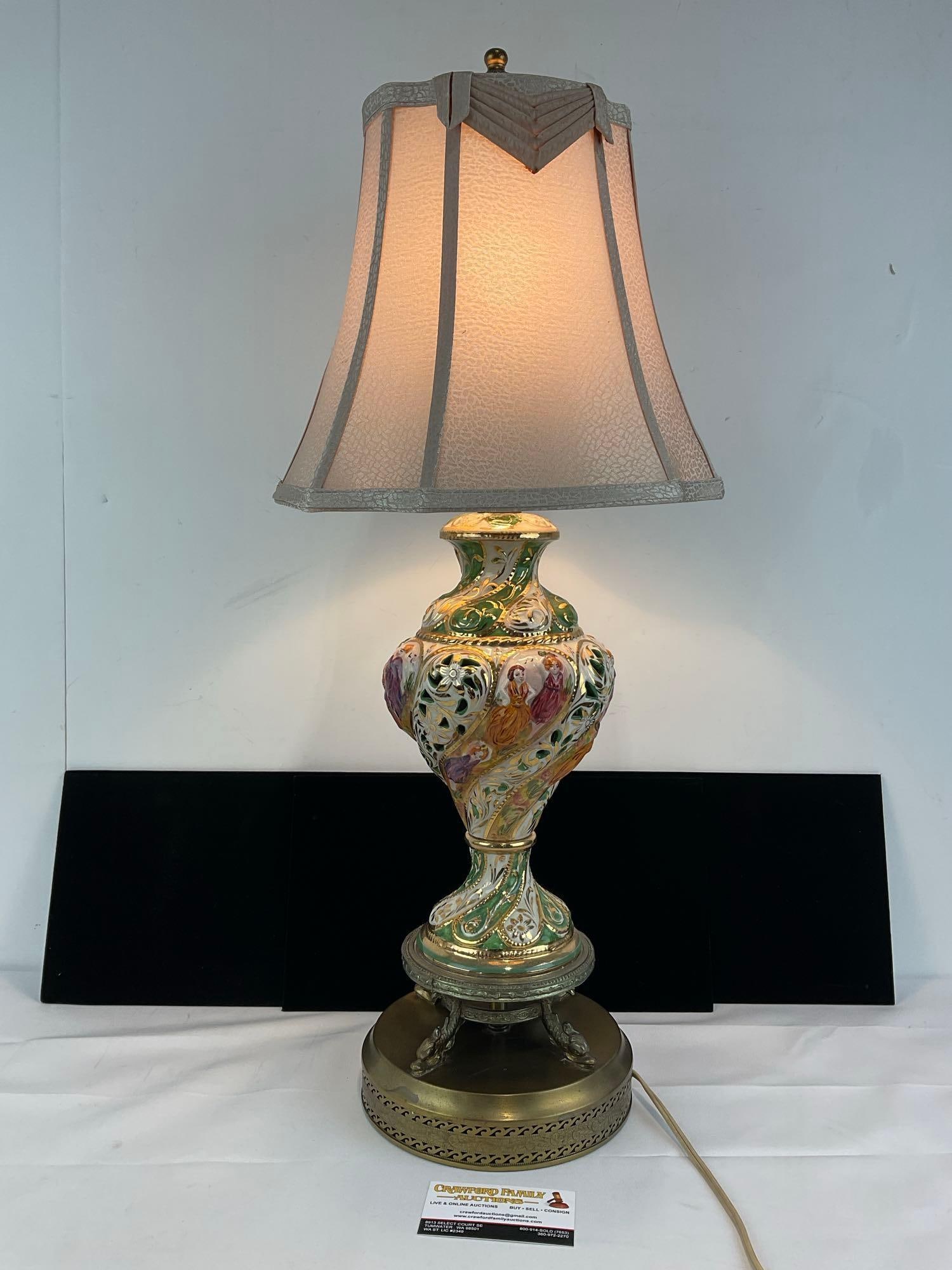 Handpainted Porcelain Capodimonte Vase Lamp w/Brass Base, 29h x 13w x 11d inches, tested & working: Appears to be in good shape. The piece measures approx 29h x 13w x 11d inches. See pics. E-5860
