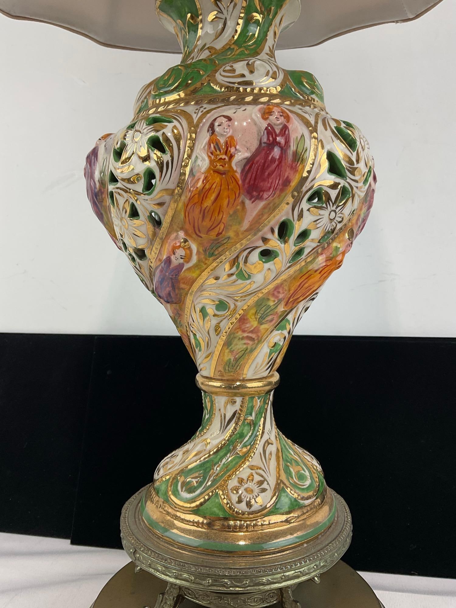 Handpainted Porcelain Capodimonte Vase Lamp w/Brass Base, 29h x 13w x 11d inches, tested & working - 2