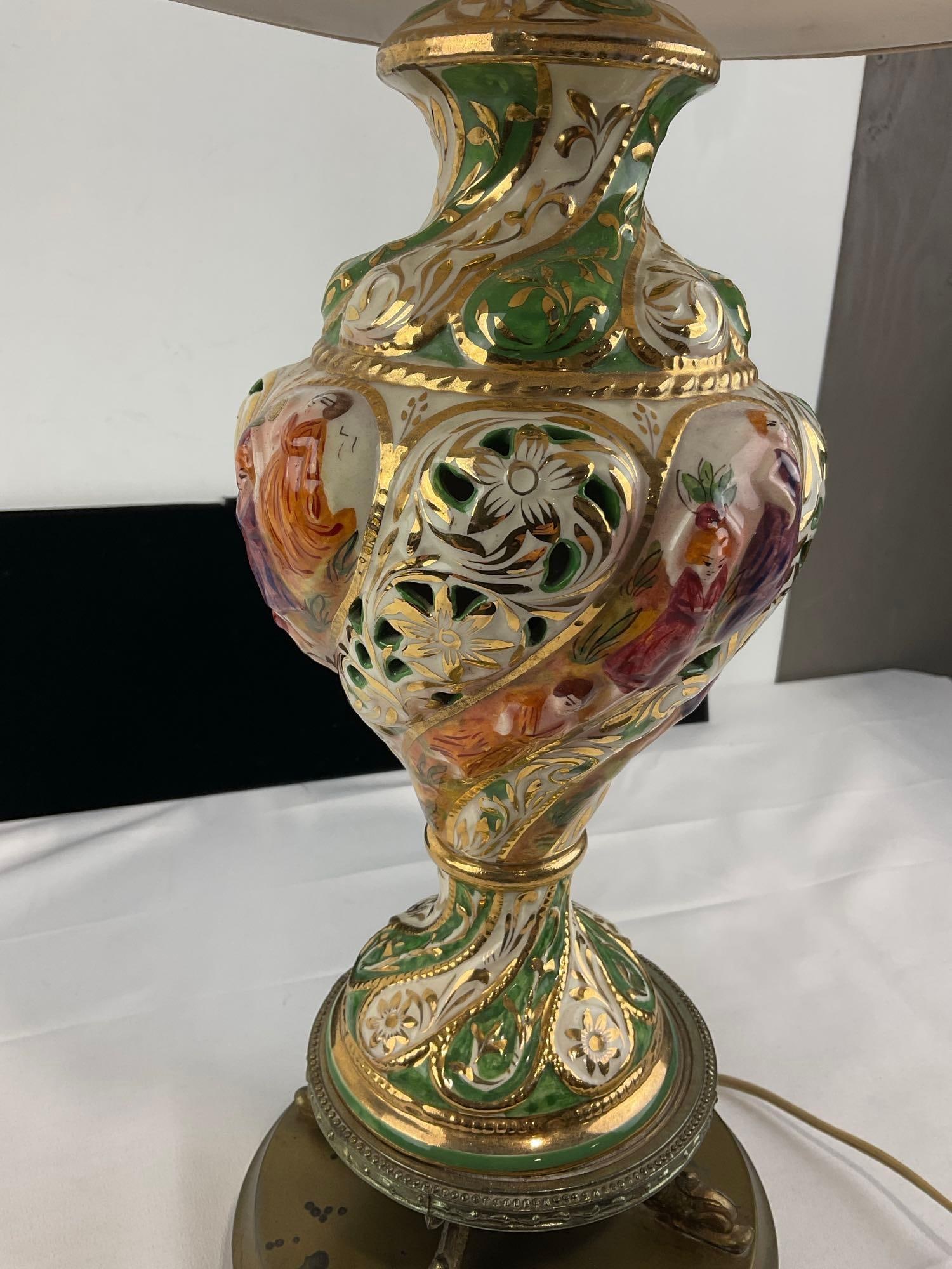 Handpainted Porcelain Capodimonte Vase Lamp w/Brass Base, 29h x 13w x 11d inches, tested & working - 3