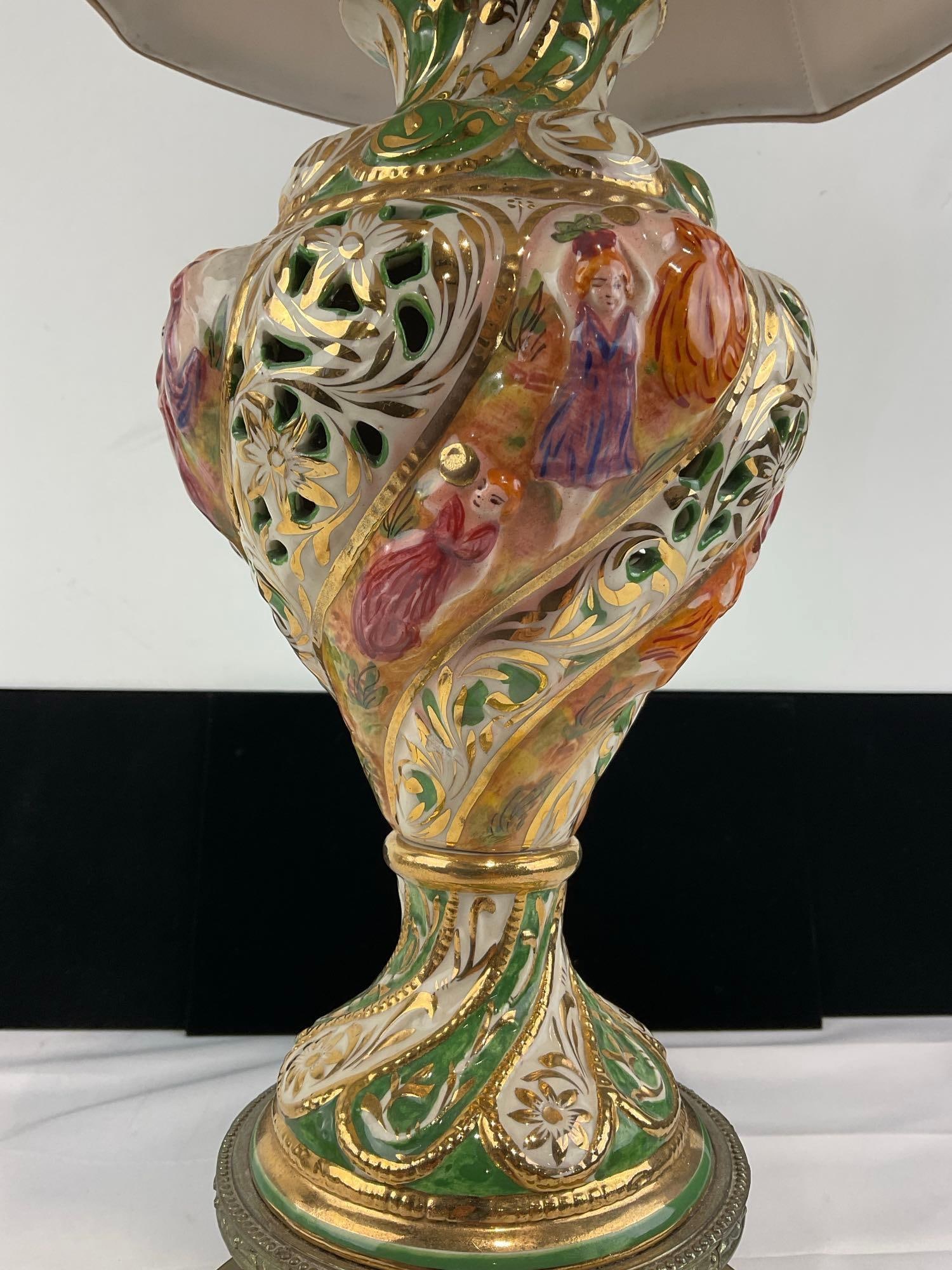Handpainted Porcelain Capodimonte Vase Lamp w/Brass Base, 29h x 13w x 11d inches, tested & working - 4