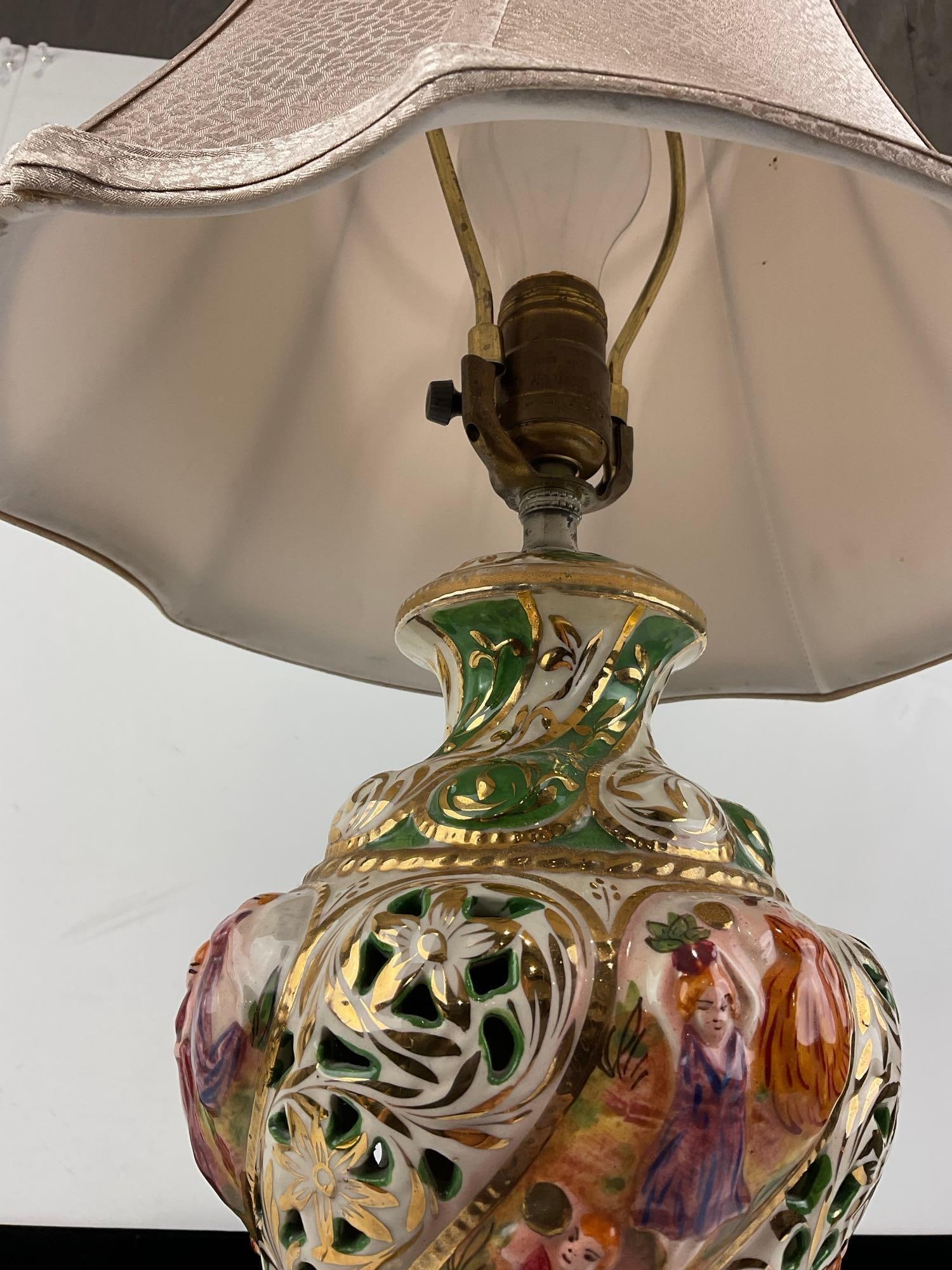 Handpainted Porcelain Capodimonte Vase Lamp w/Brass Base, 29h x 13w x 11d inches, tested & working - 5