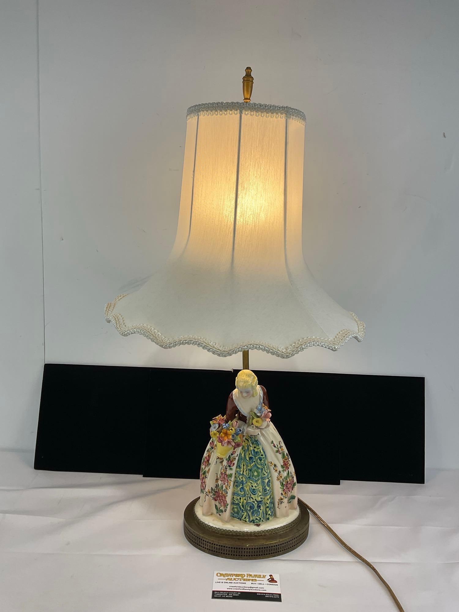 Vintage Italian Ceramic Figurine Table Lamp, tested & working, 28h x 15w x 15d inches: Appears to be in good shape. The piece measures approx 28h x 15w x 15d inches. See pics. E-5860