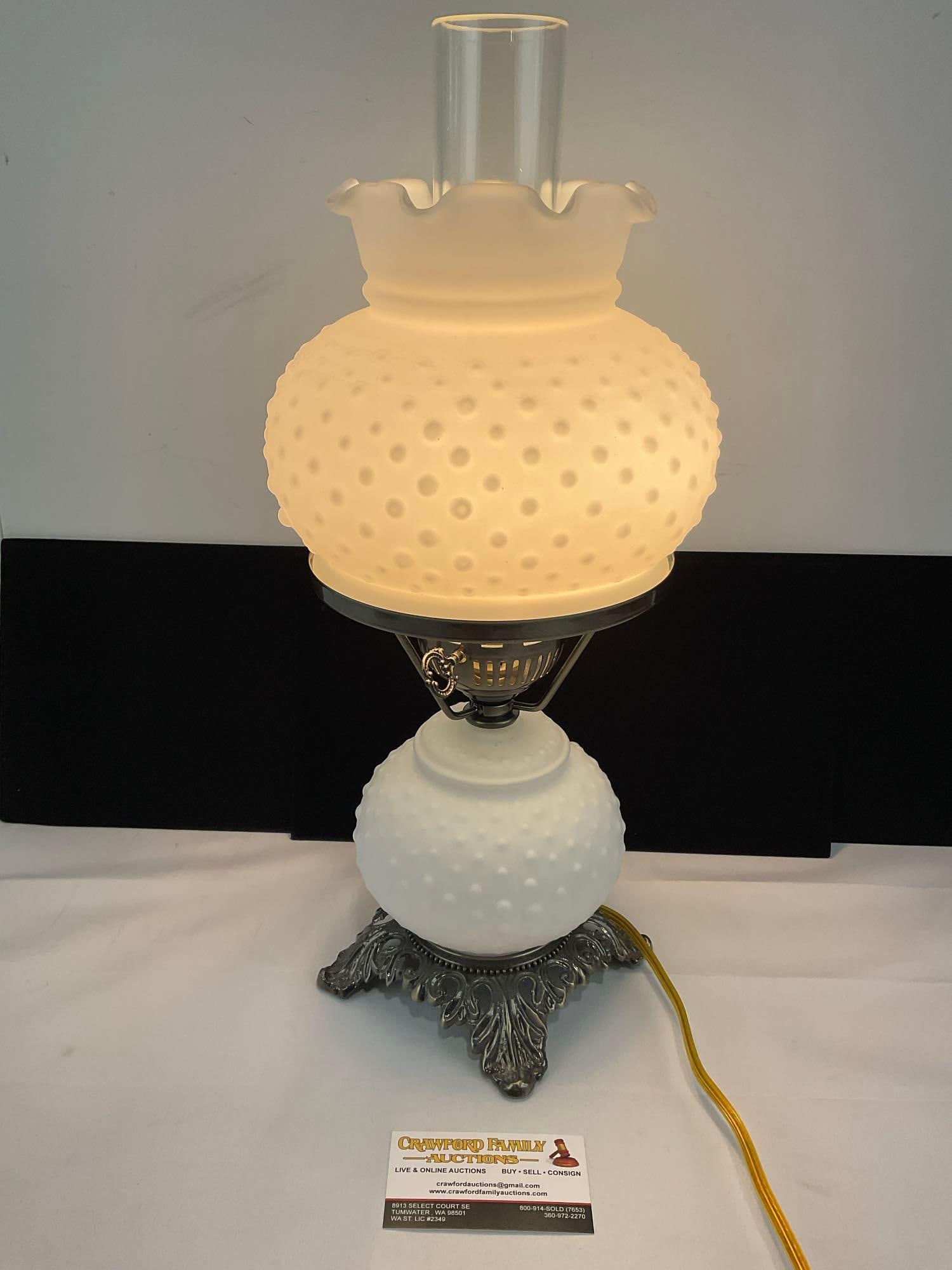 Vintage Milk Glass Hobnail Hurricane Lamp, Electrified, tested & working, 19h x 9w x 9d inches: Appears to be in good shape. The piece measures approx 19h x 9w x 9d inches. See pics. E-5860