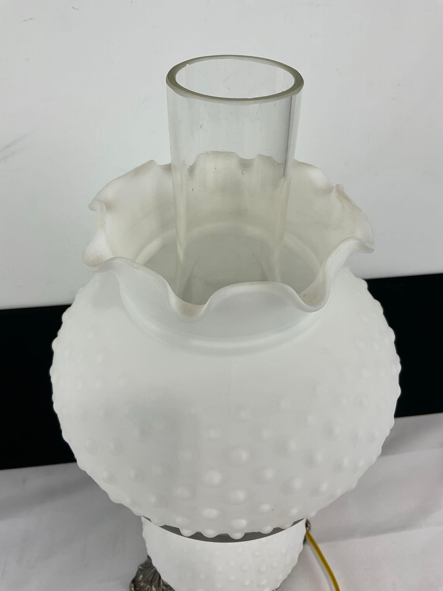 Vintage Milk Glass Hobnail Hurricane Lamp, Electrified, tested & working, 19h x 9w x 9d inches - 2