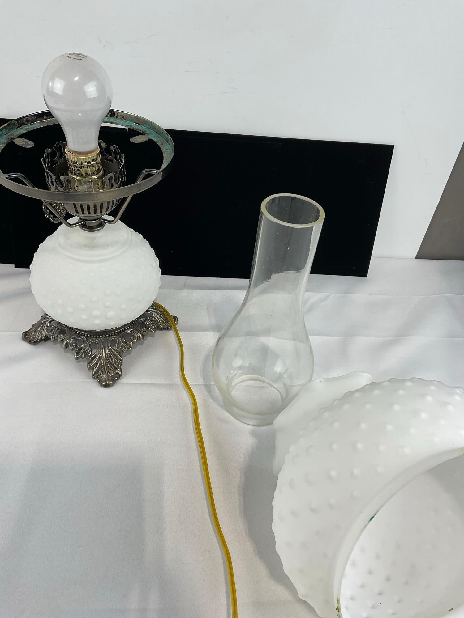 Vintage Milk Glass Hobnail Hurricane Lamp, Electrified, tested & working, 19h x 9w x 9d inches - 3