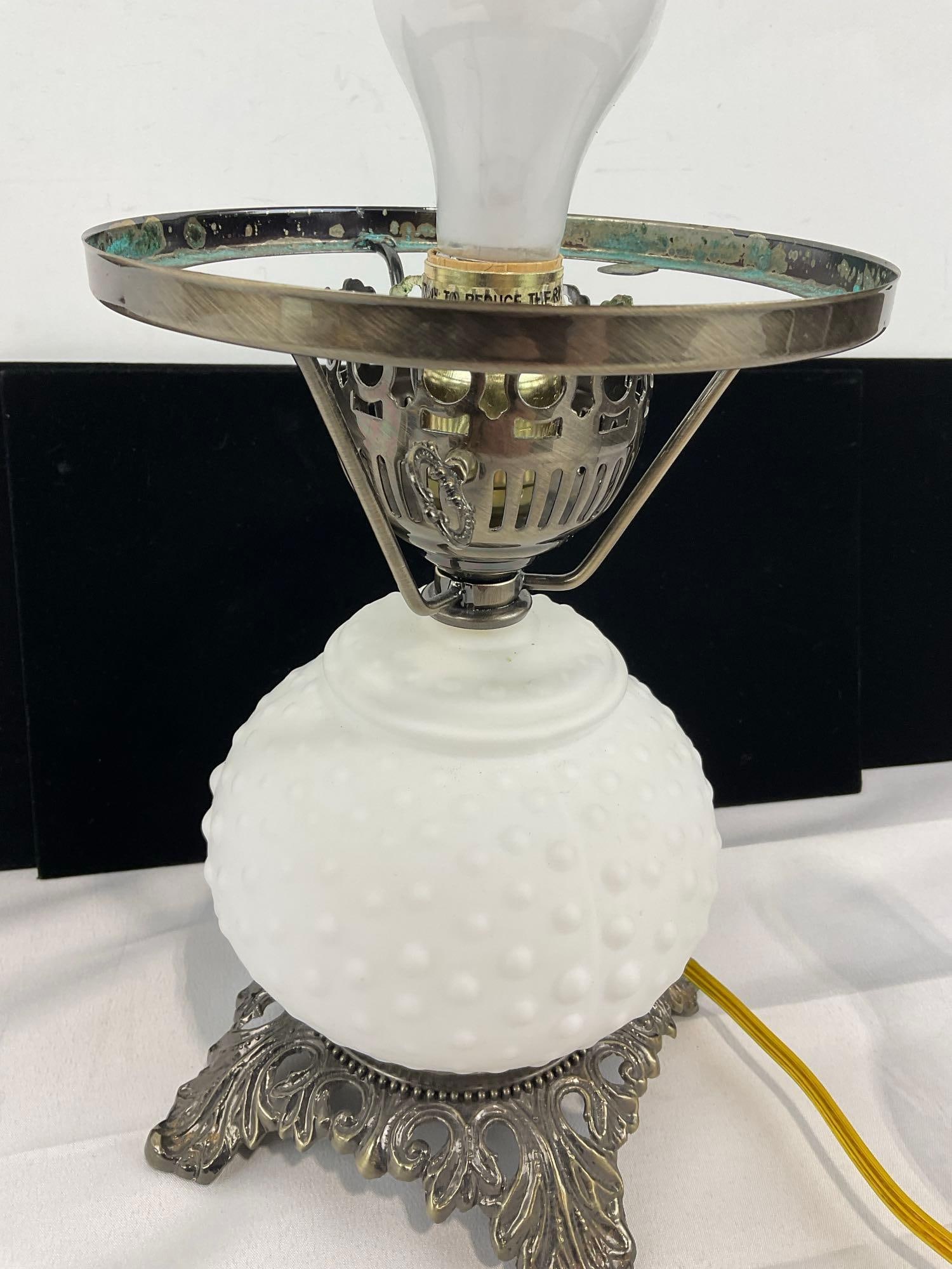 Vintage Milk Glass Hobnail Hurricane Lamp, Electrified, tested & working, 19h x 9w x 9d inches - 4