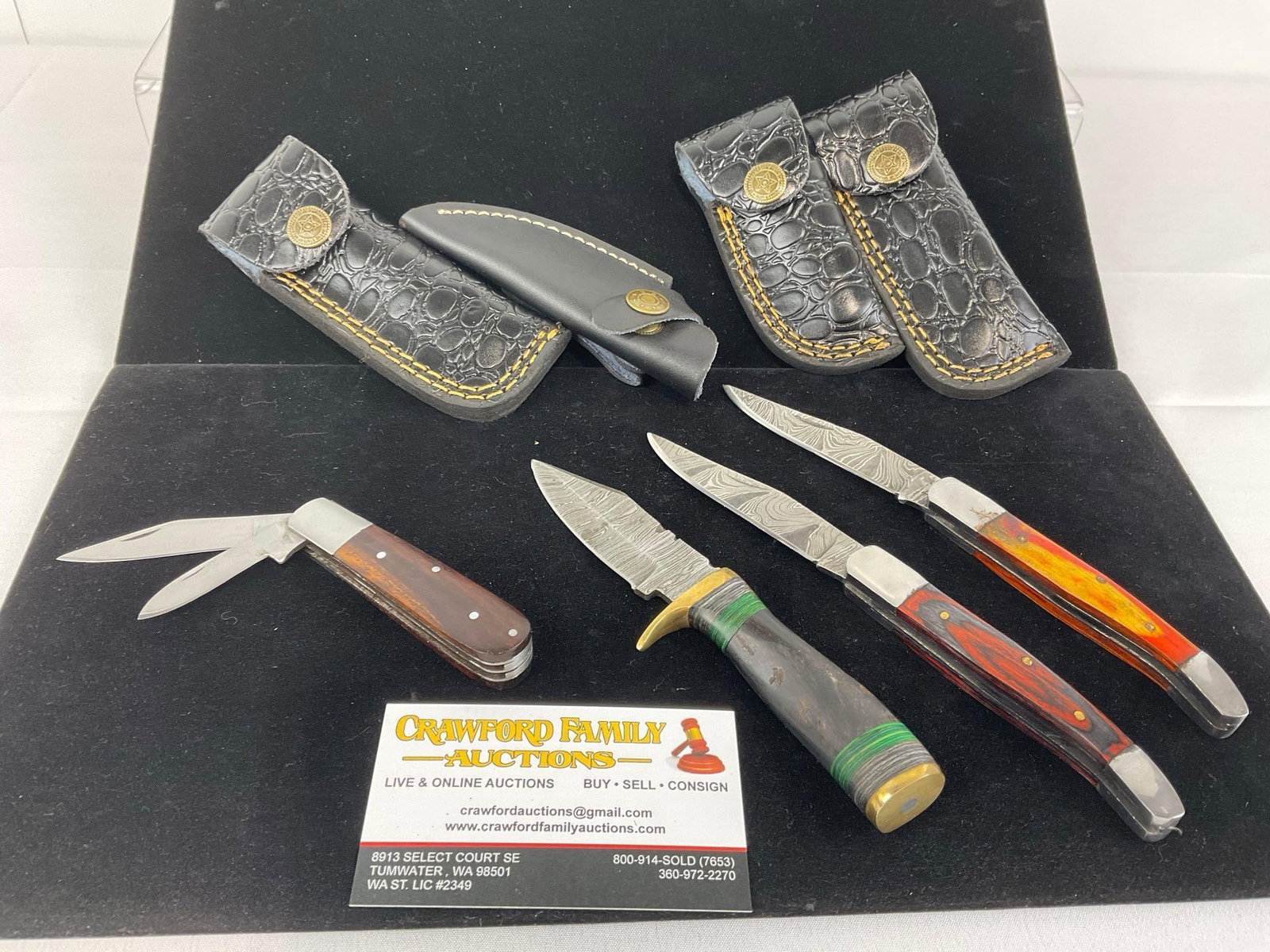 4 Handmade Knives, 3 Folding Knives, Custom Handles & Black Leather Sheaths, 3 Damascus Style Bla...: Appears to be in good shape. The piece measures approx 8h x 5w x 3d inches. See pics. E-3440