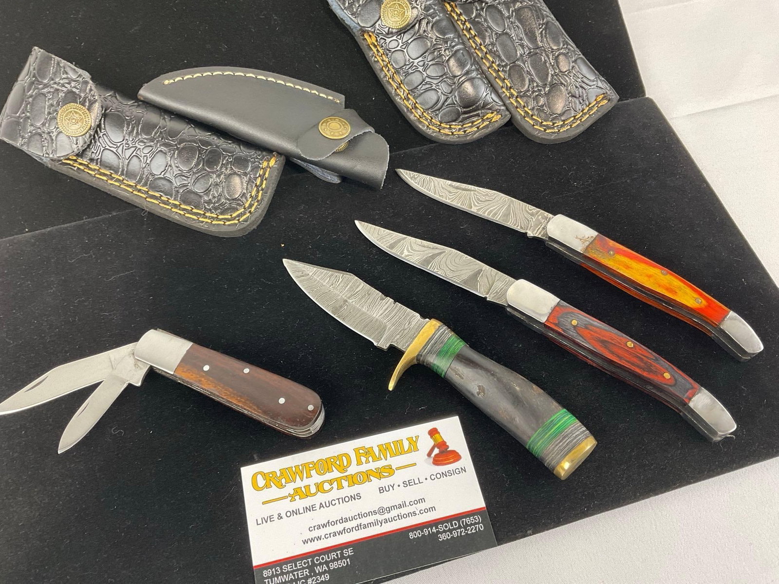 4 Handmade Knives, 3 Folding Knives, Custom Handles & Black Leather Sheaths, 3 Damascus Style Bla... - 2