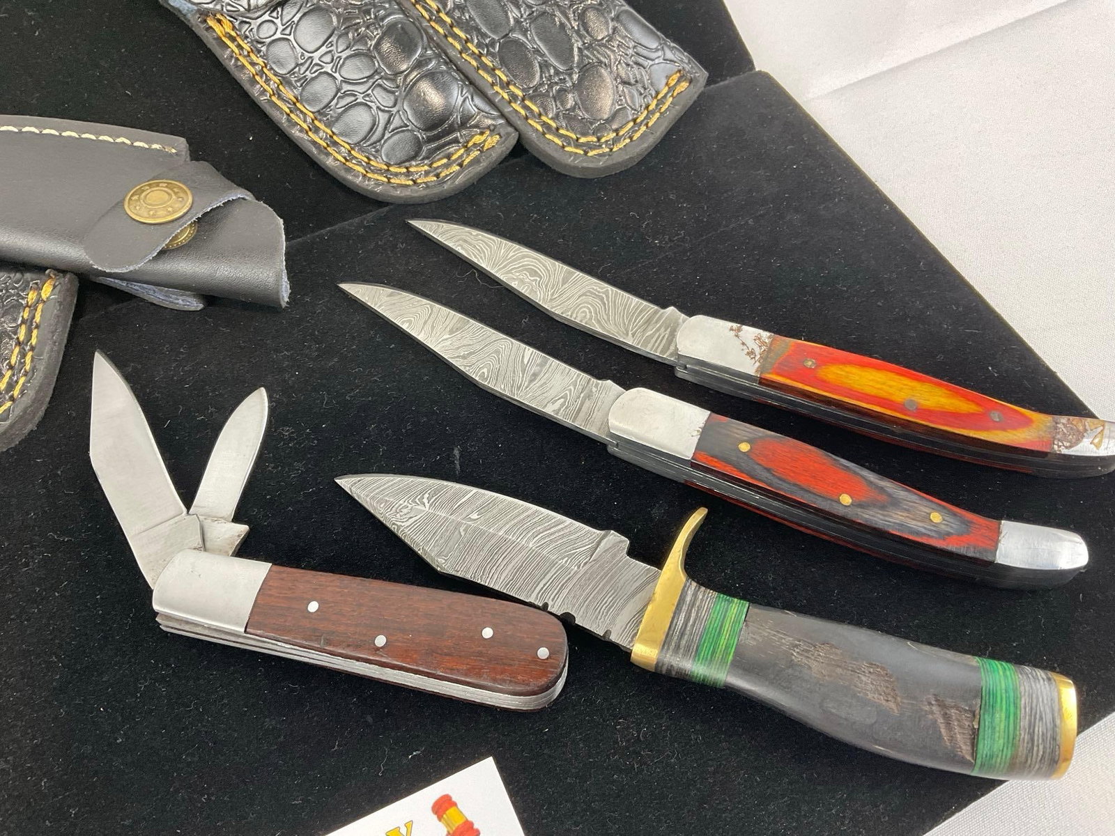 4 Handmade Knives, 3 Folding Knives, Custom Handles & Black Leather Sheaths, 3 Damascus Style Bla... - 3