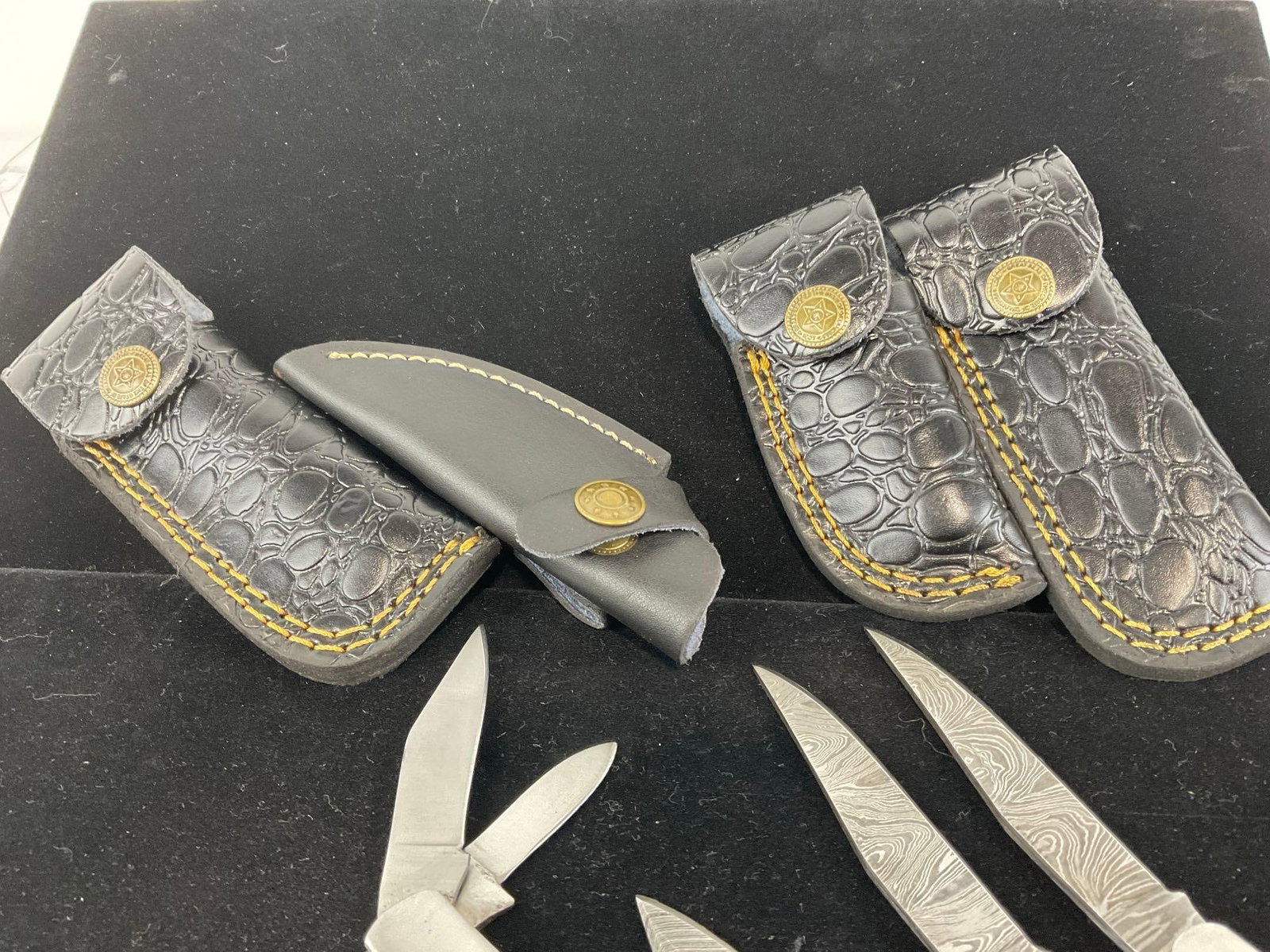 4 Handmade Knives, 3 Folding Knives, Custom Handles & Black Leather Sheaths, 3 Damascus Style Bla... - 4