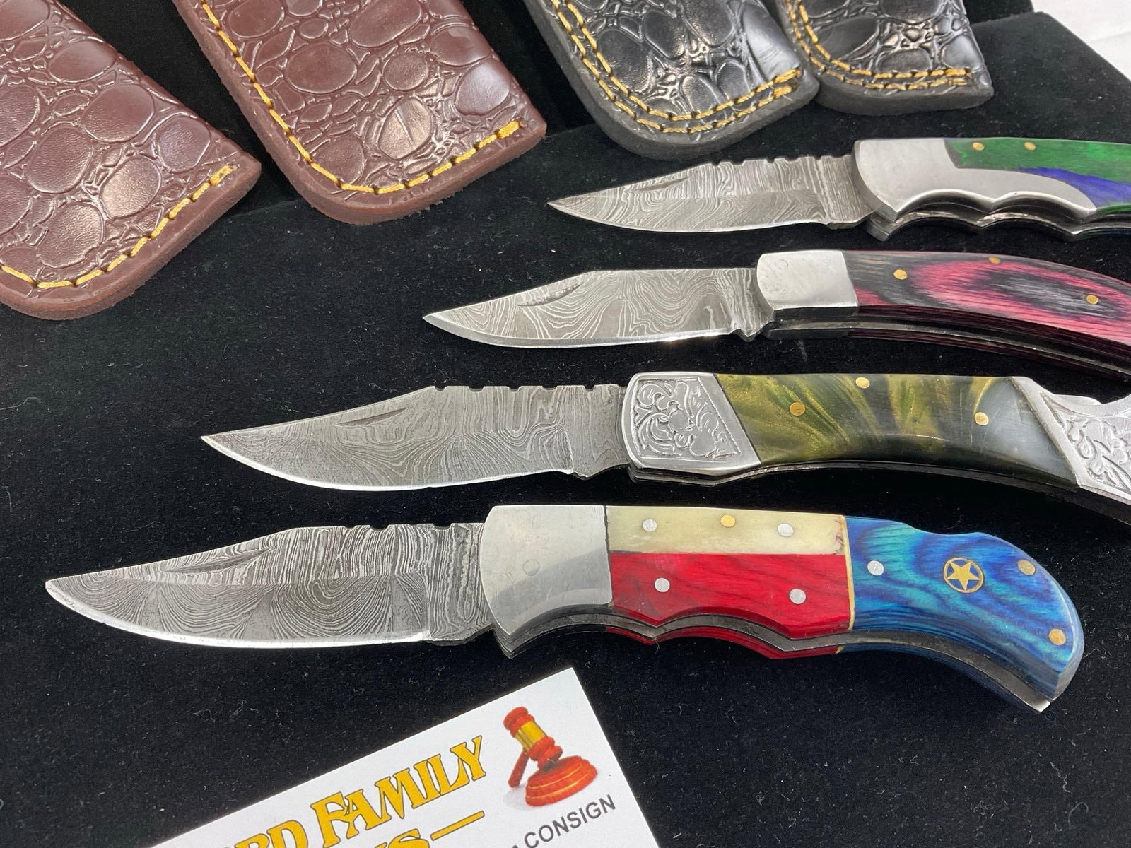 4 Handmade Folding Knives, Damascus style blades, Custom Handles & Leather Sheaths - 2