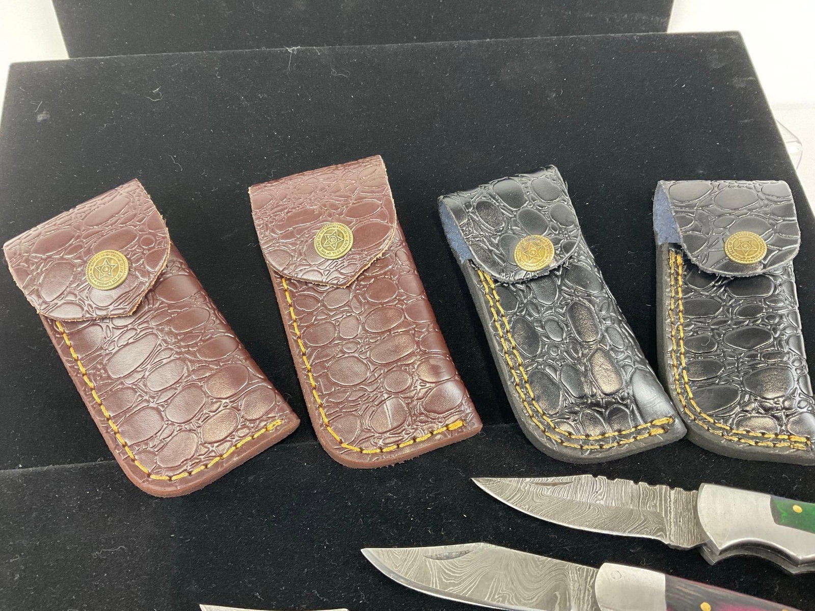 4 Handmade Folding Knives, Damascus style blades, Custom Handles & Leather Sheaths - 4