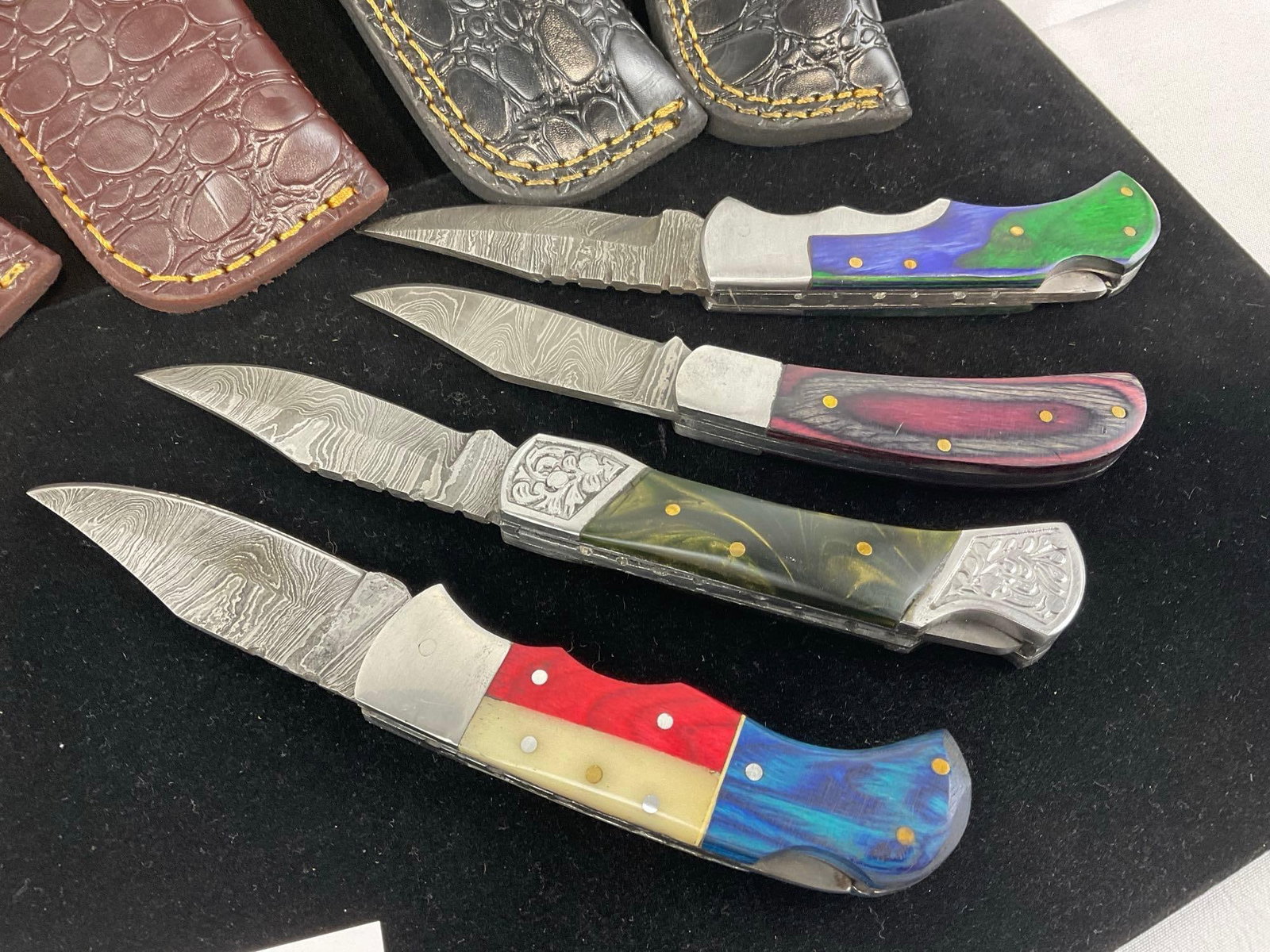 4 Handmade Folding Knives, Damascus style blades, Custom Handles & Leather Sheaths - 5